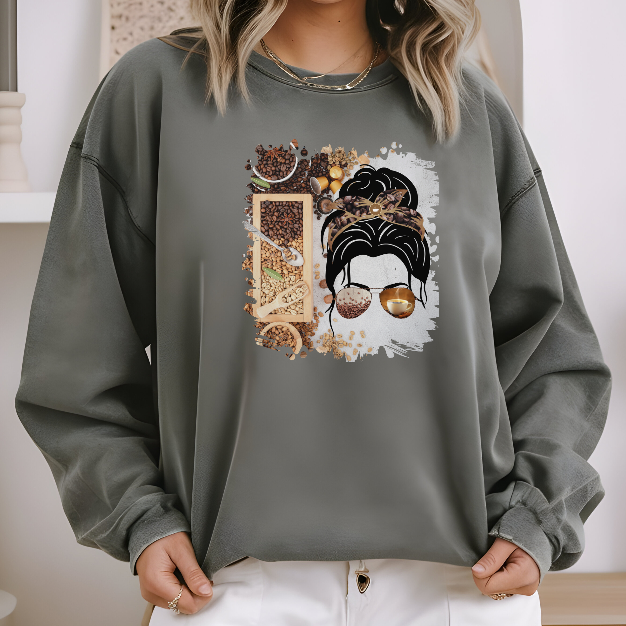 Coffee Beans Variety, Dark Hair Messy Bun, Unisex Lightweight Crewneck Sweatshirt