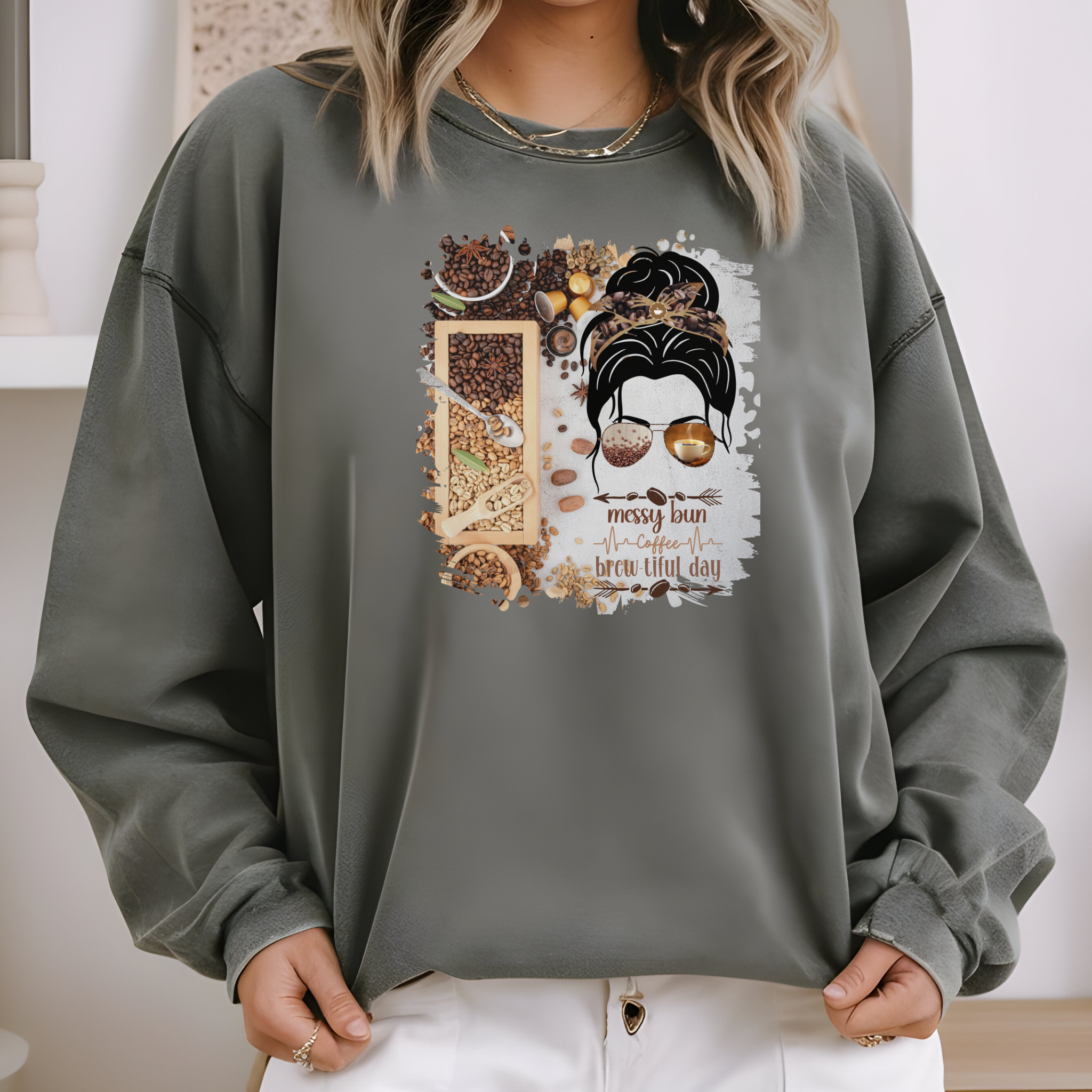 Messy Bun Coffee Heartbeat, Coffee Beans Variety, Dark Hair Messy Bun, Unisex Lightweight Crewneck Sweatshirt