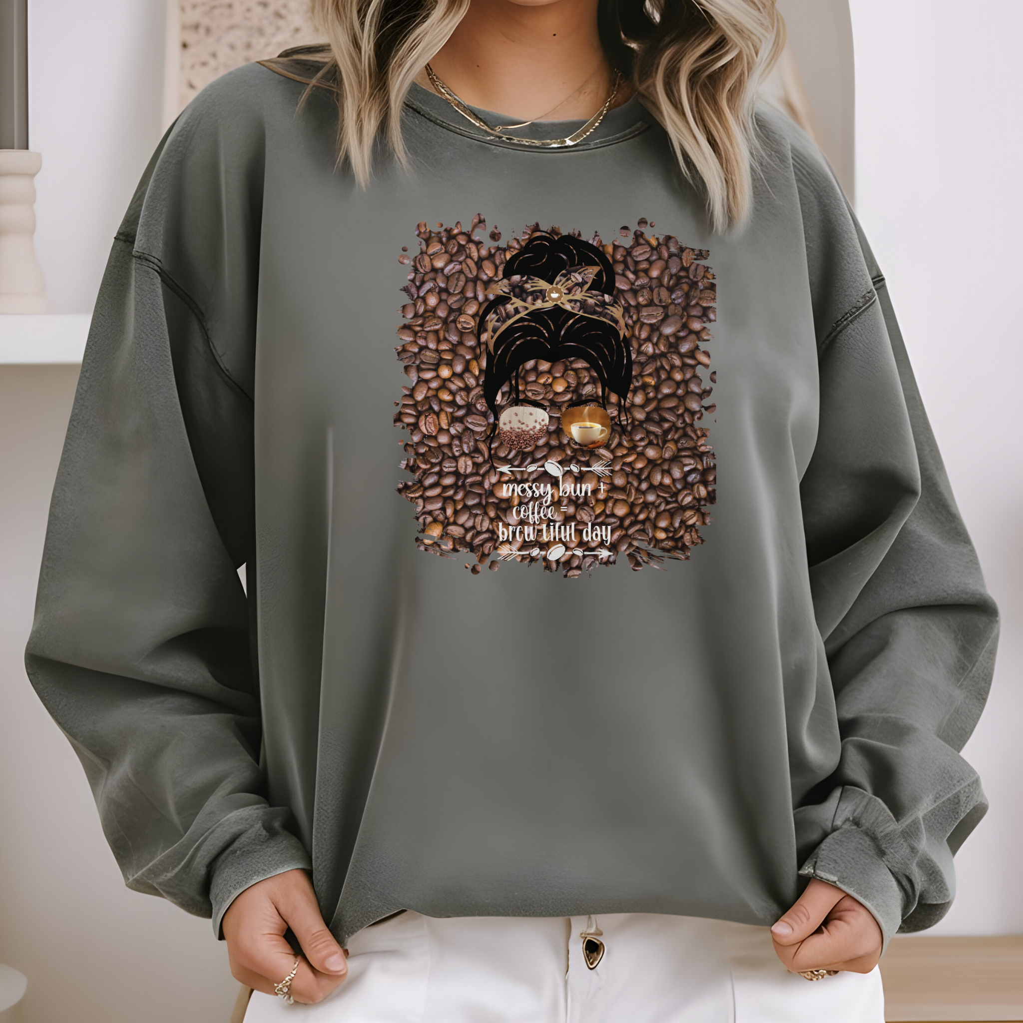 Messy Bun plus Coffee, Coffee Beans, Dark Hair Messy Bun, Unisex Lightweight Crewneck Sweatshirt