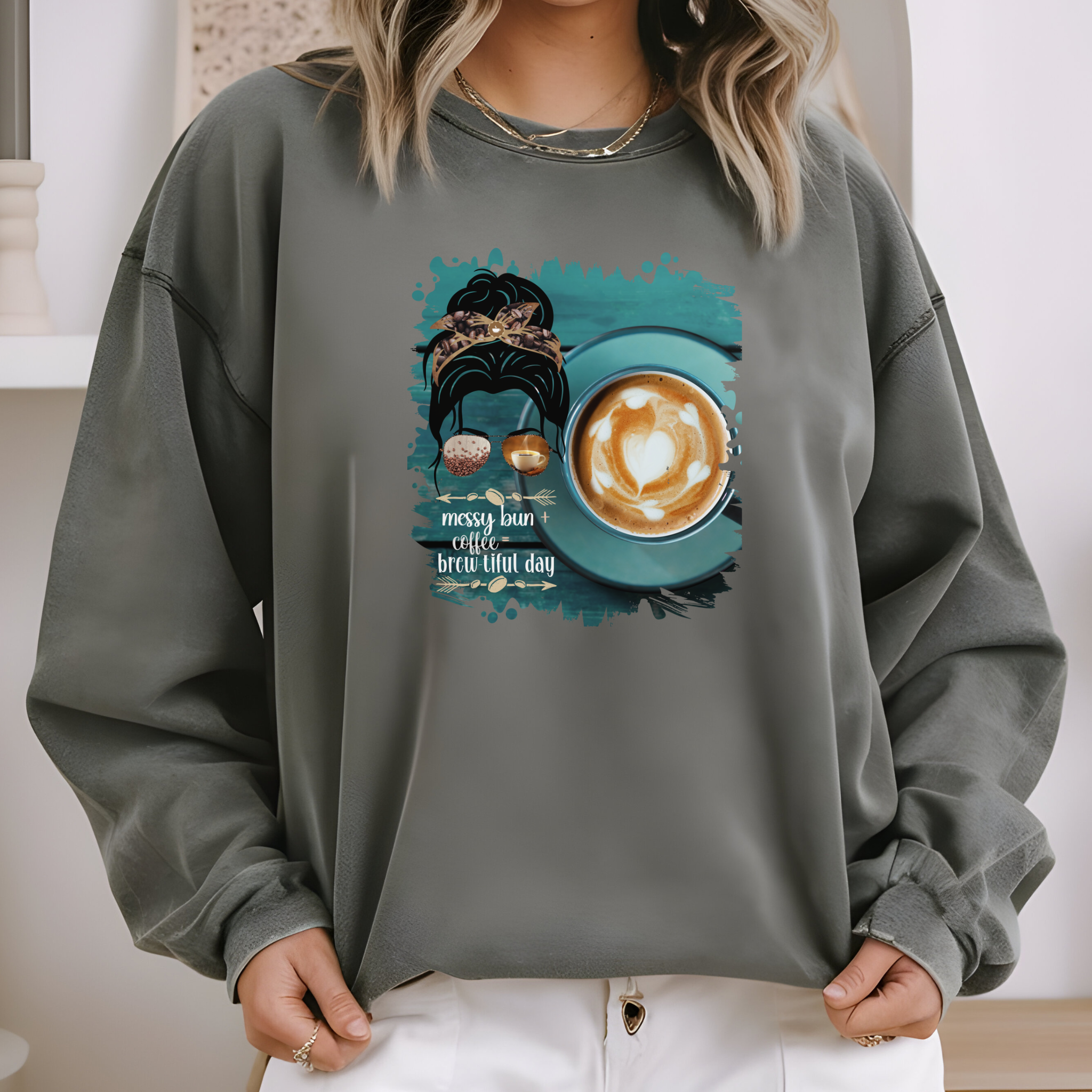 Messy Bun plus Coffee, Coffee Cup, Dark Hair Messy Bun, Unisex Lightweight Crewneck Sweatshirt