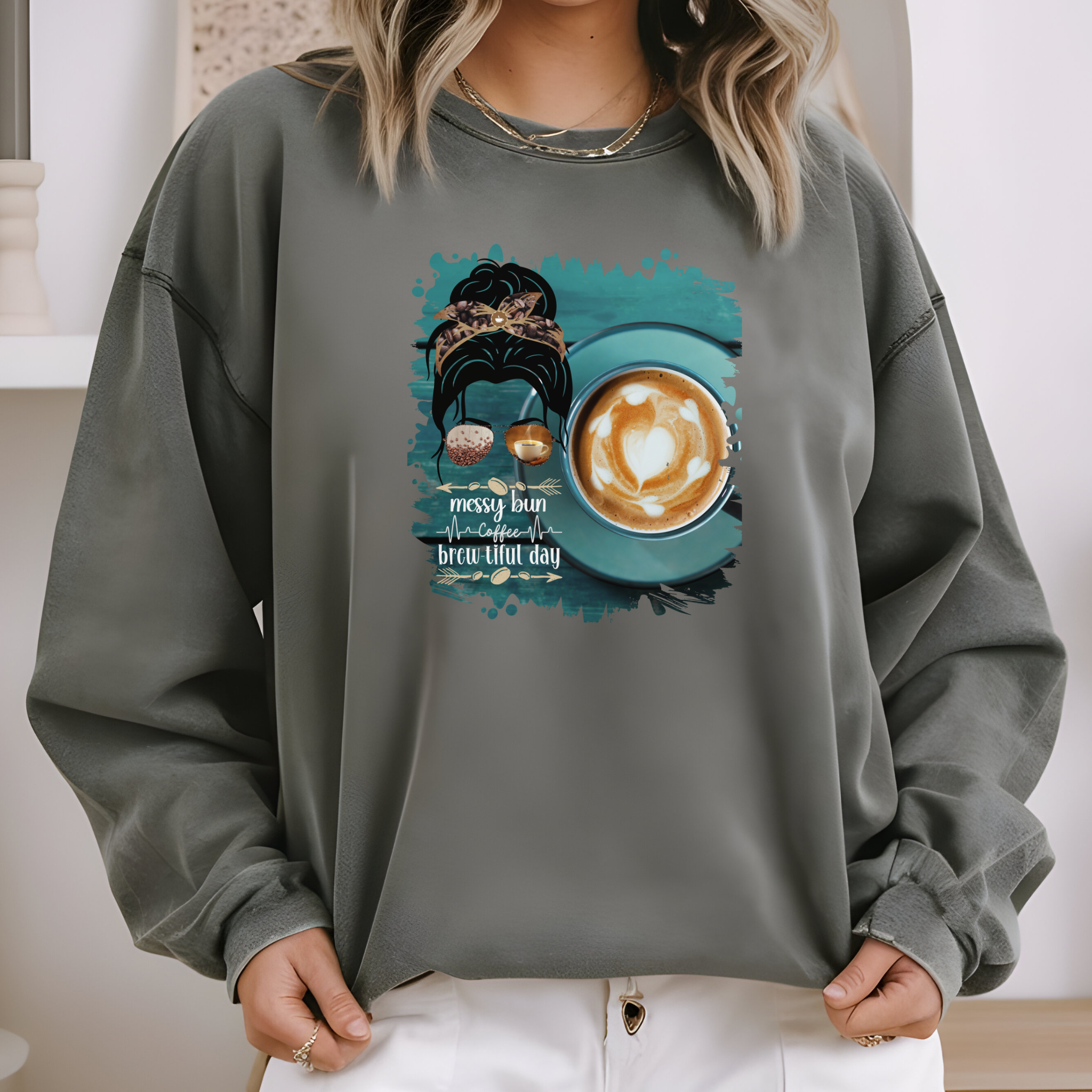 Coffee Heartbeat, Coffee Cup, Dark Hair Messy Bun, Unisex Lightweight Crewneck Sweatshirt