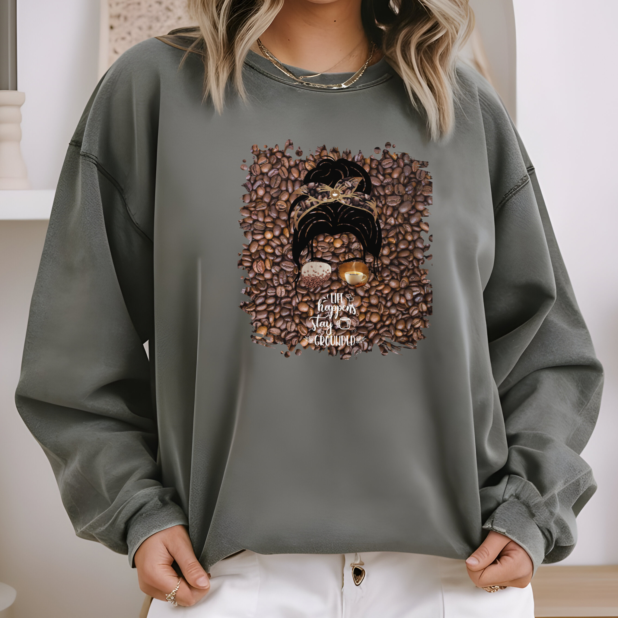 Stay Grounded, Coffee Beans, Dark Hair Messy Bun, Unisex Lightweight Crewneck Sweatshirt