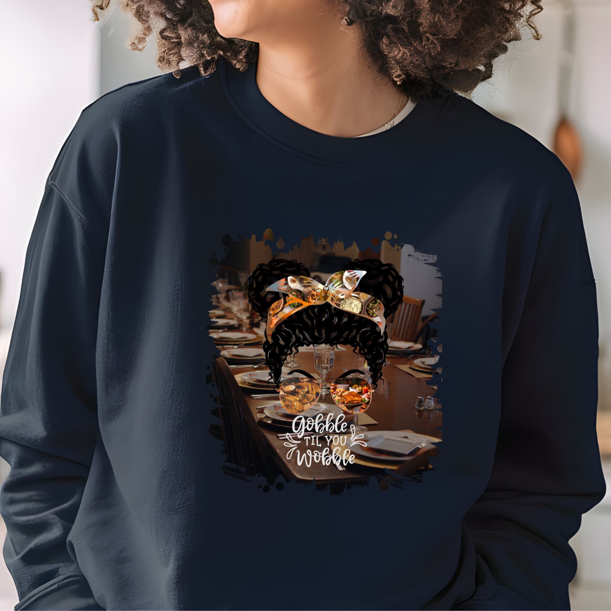 Gobble til You Wobble Table Setting, Black Hair Messy Bun, Unisex Heavy Blend™ Crewneck Sweatshirt