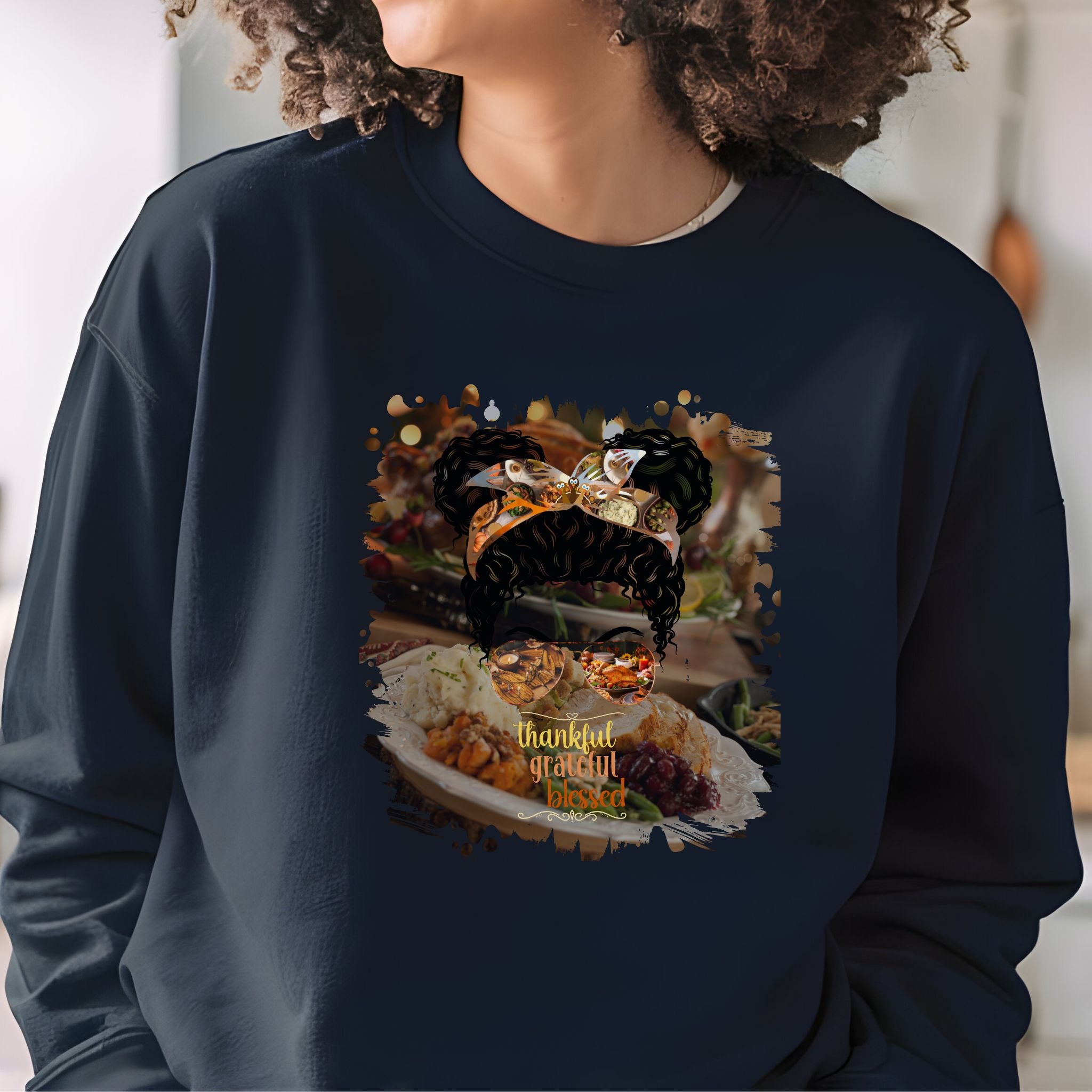 Thankful Grateful Blessed Thanksgiving Dinner, Black Hair Messy Bun, Unisex Heavy Blend™ Crewneck Sweatshirt