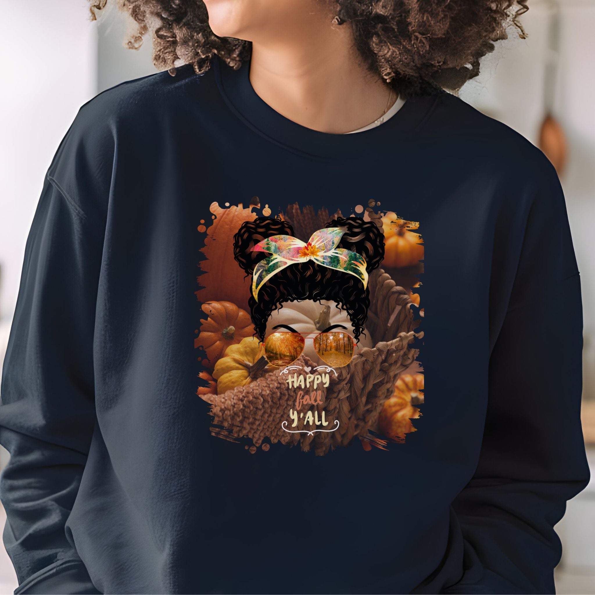 Happy Fall Y'all Fall Pumpkins, Black Hair Messy Bun, Unisex Heavy Blend™ Crewneck Sweatshirt