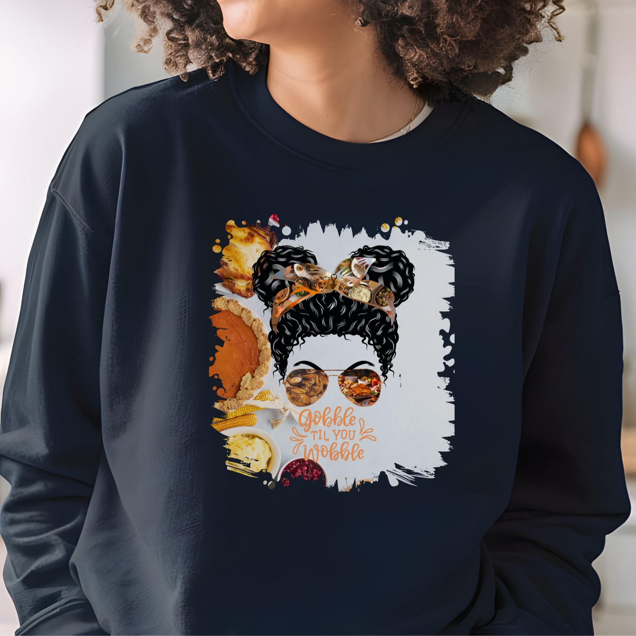 Gobble til You Wobble Thanksgiving Pie, Black Hair Messy Bun, Unisex Heavy Blend™ Crewneck Sweatshirt