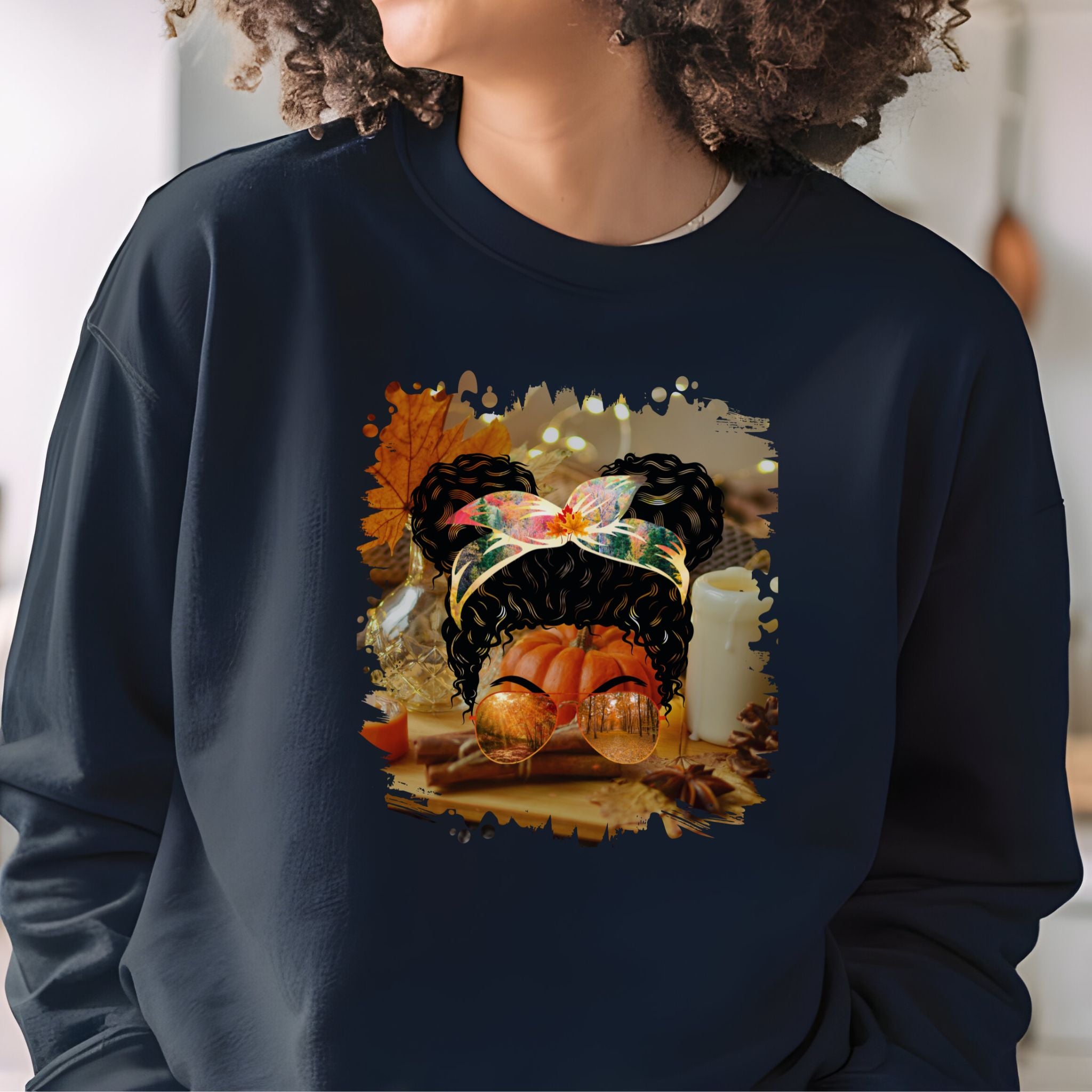 Fall Home, Black Hair Messy Bun, Unisex Heavy Blend™ Crewneck Sweatshirt