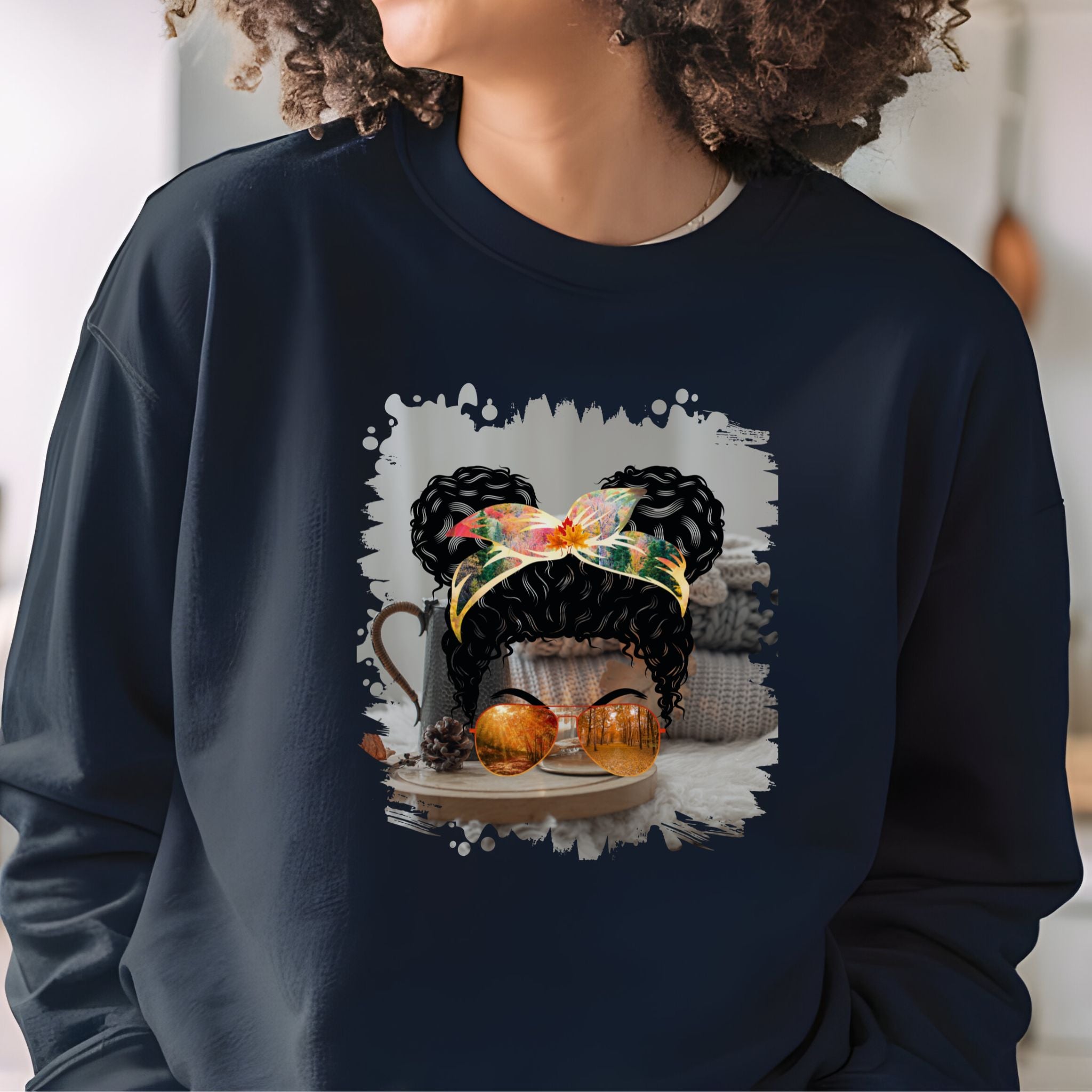 Fall Sweater, Black Hair Messy Bun, Unisex Heavy Blend™ Crewneck Sweatshirt