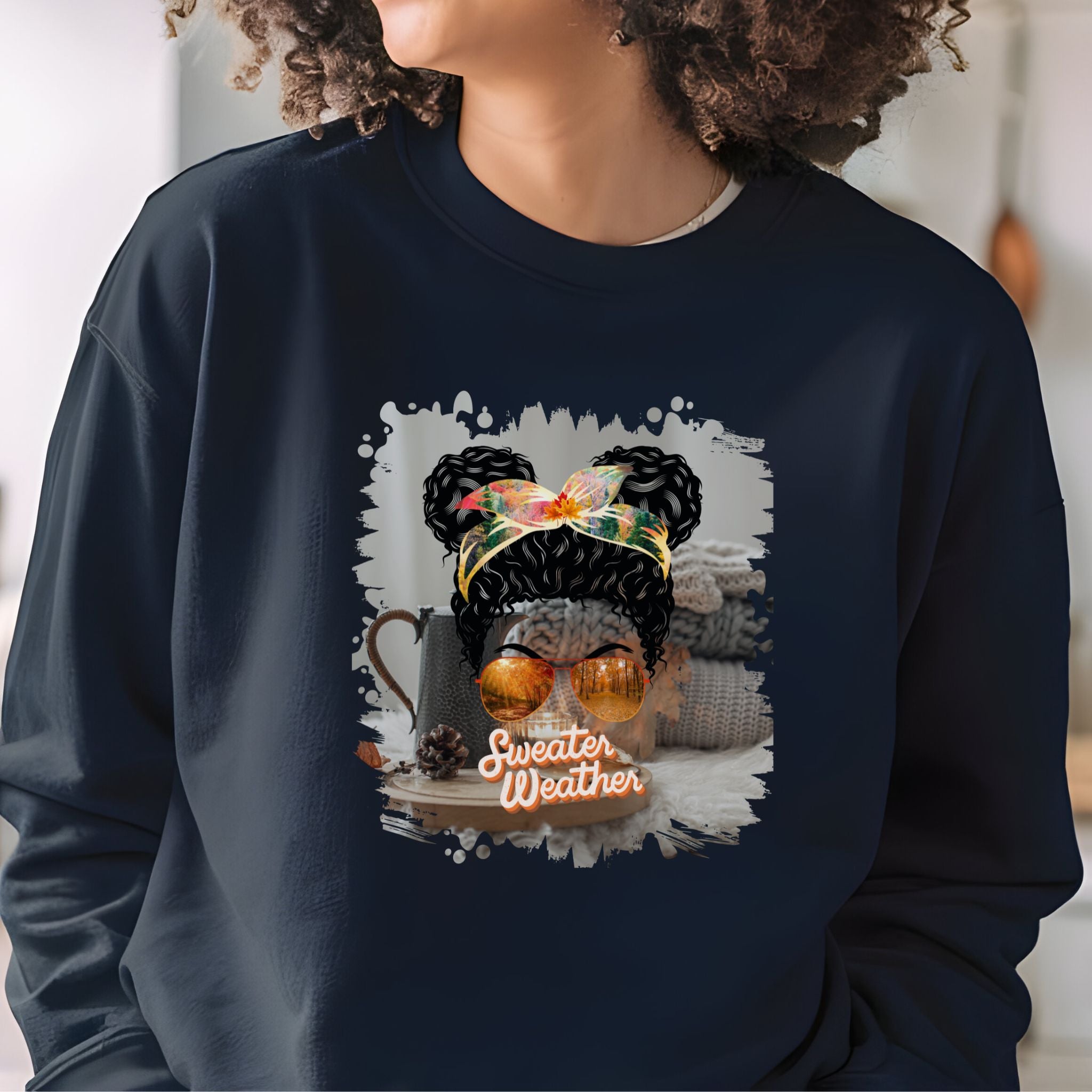 Sweater Weather Fall Sweater, Black Hair Messy Bun, Unisex Heavy Blend™ Crewneck Sweatshirt