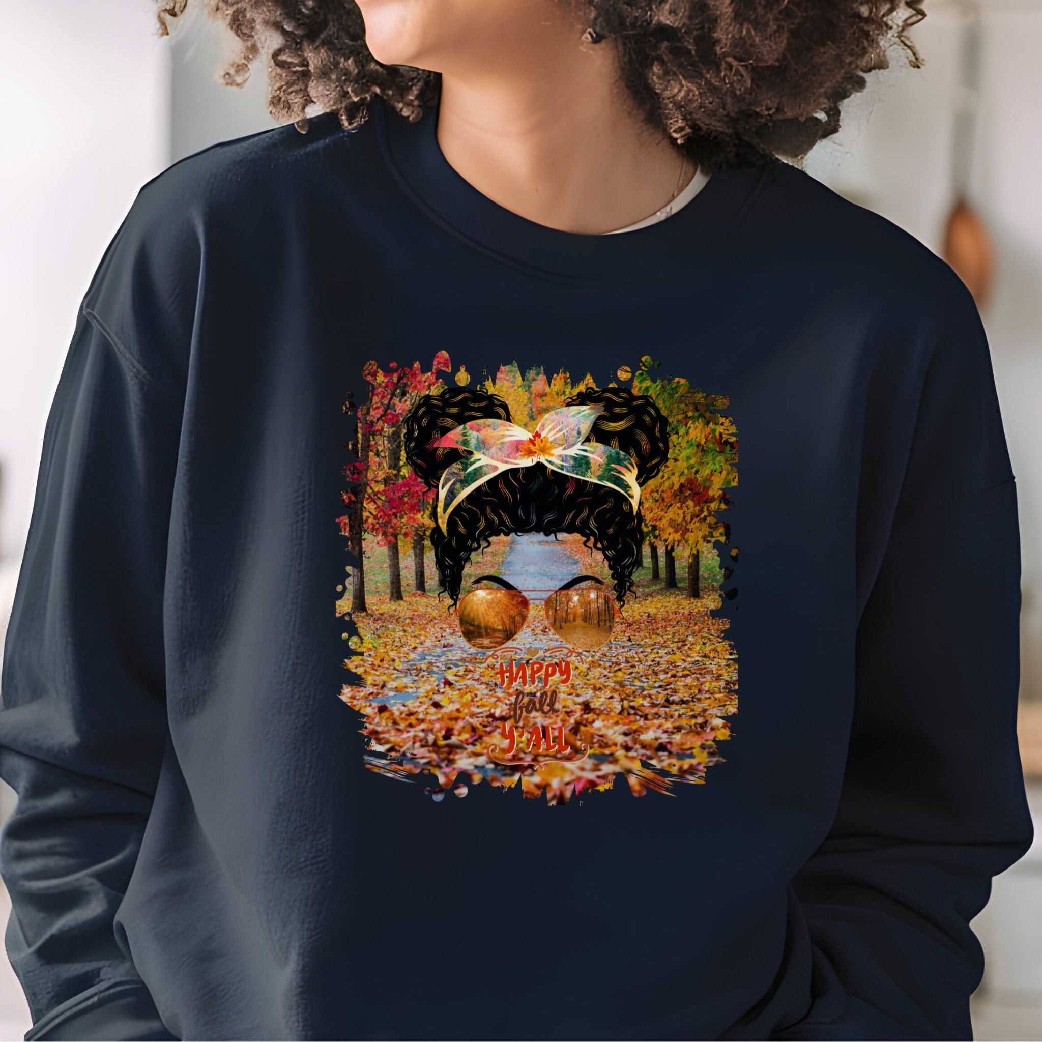 Happy Fall Y'all Fall Trail, Black Hair Messy Bun, Unisex Heavy Blend™ Crewneck Sweatshirt