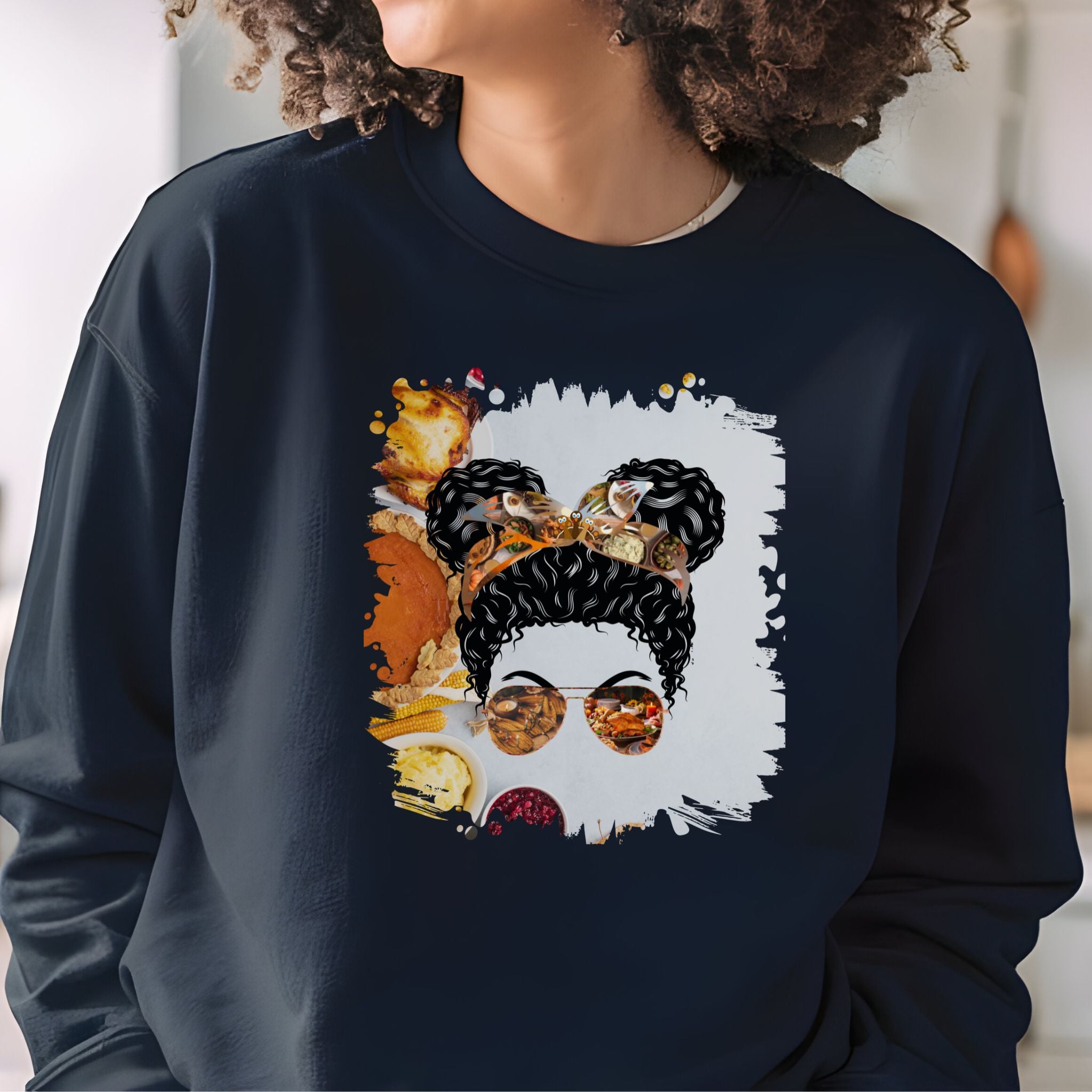 Thankful Grateful Blessed Thanksgiving Pie, Black Hair Messy Bun, Unisex Heavy Blend™ Crewneck Sweatshirt