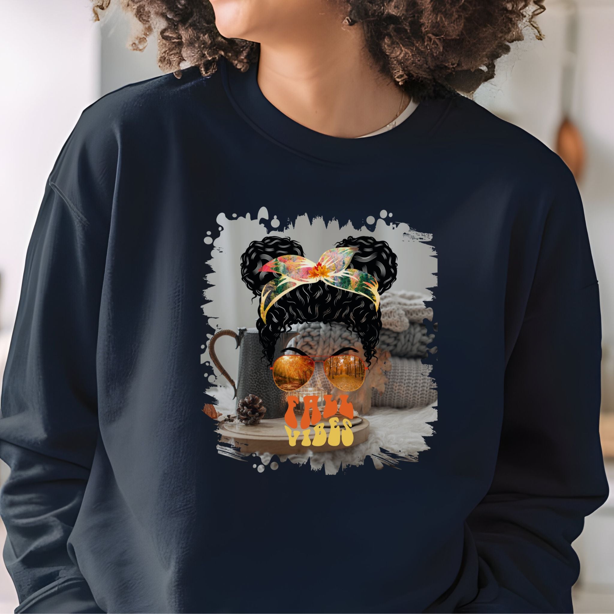 Fall Vibes Fall Sweater, Black Hair Messy Bun, Unisex Heavy Blend™ Crewneck Sweatshirt