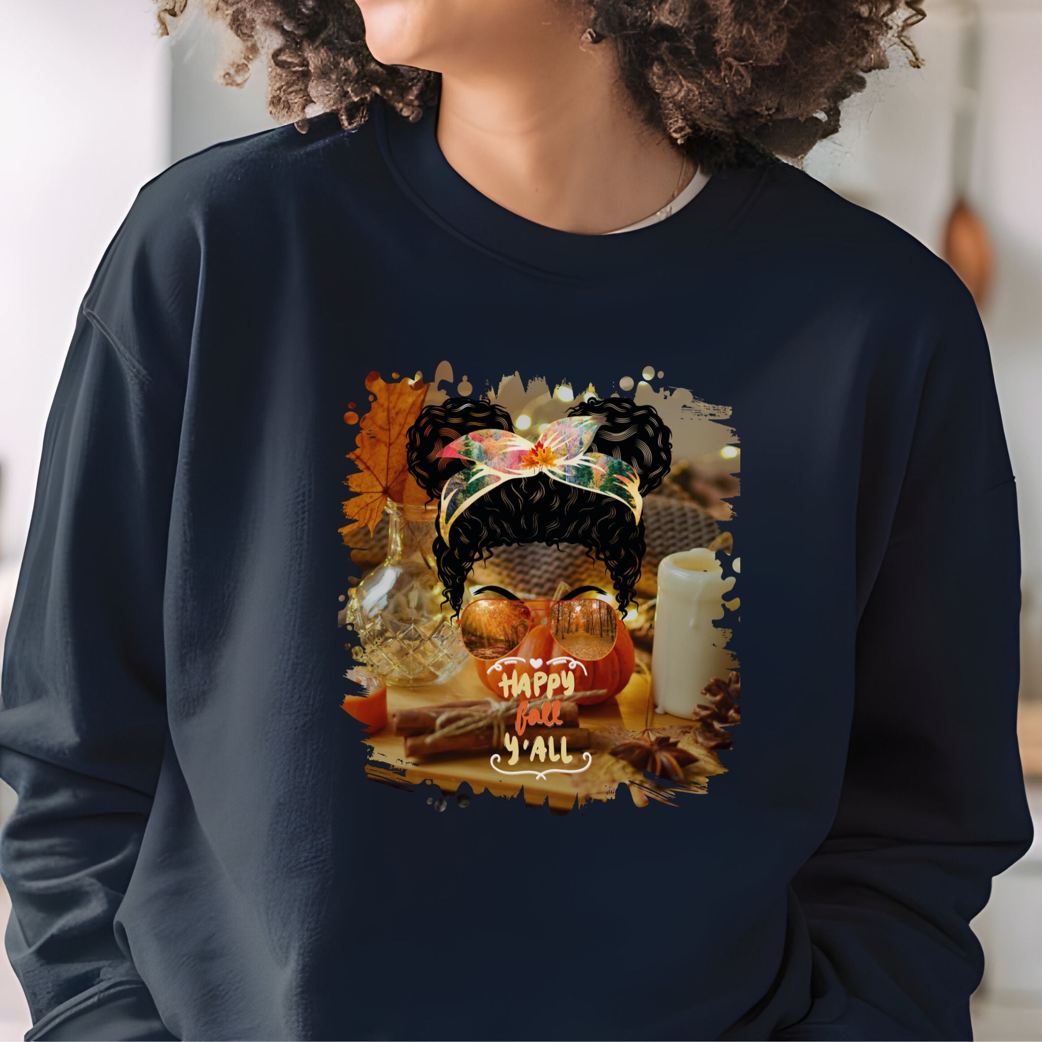 Happy Fall Y'all Fall Home, Black Hair Messy Bun, Unisex Heavy Blend™ Crewneck Sweatshirt