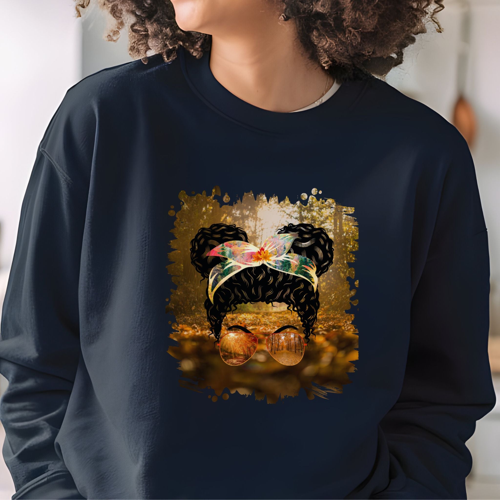 Fall Forest, Black Hair Messy Bun, Unisex Heavy Blend™ Crewneck Sweatshirt