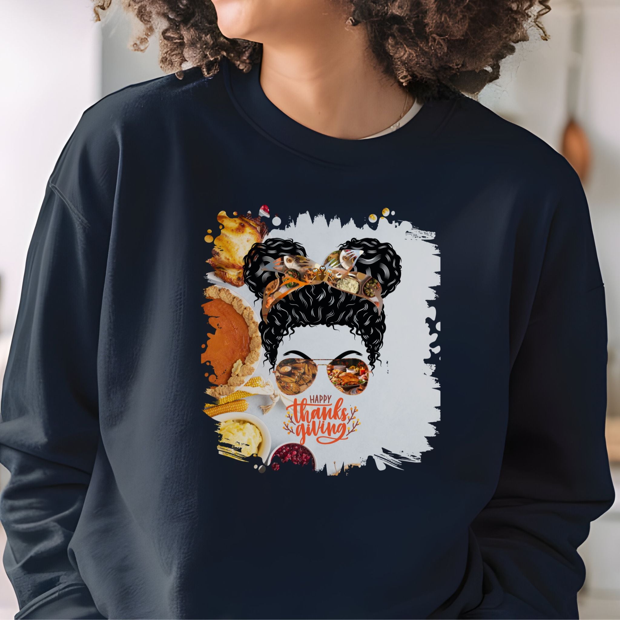 Happy Thanksgiving, Thanksgiving Pie, Black Hair Messy Bun, Unisex Heavy Blend™ Crewneck Sweatshirt