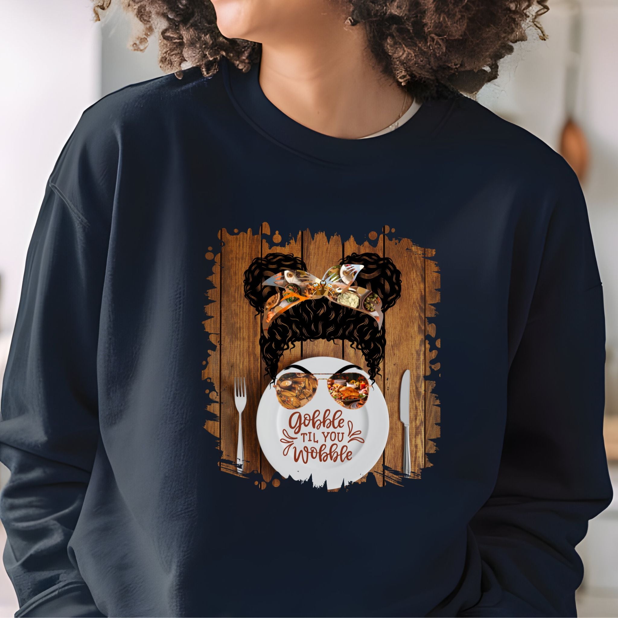 Gobble til You Wobble Plate Setting, Black Hair Messy Bun, Unisex Heavy Blend™ Crewneck Sweatshirt