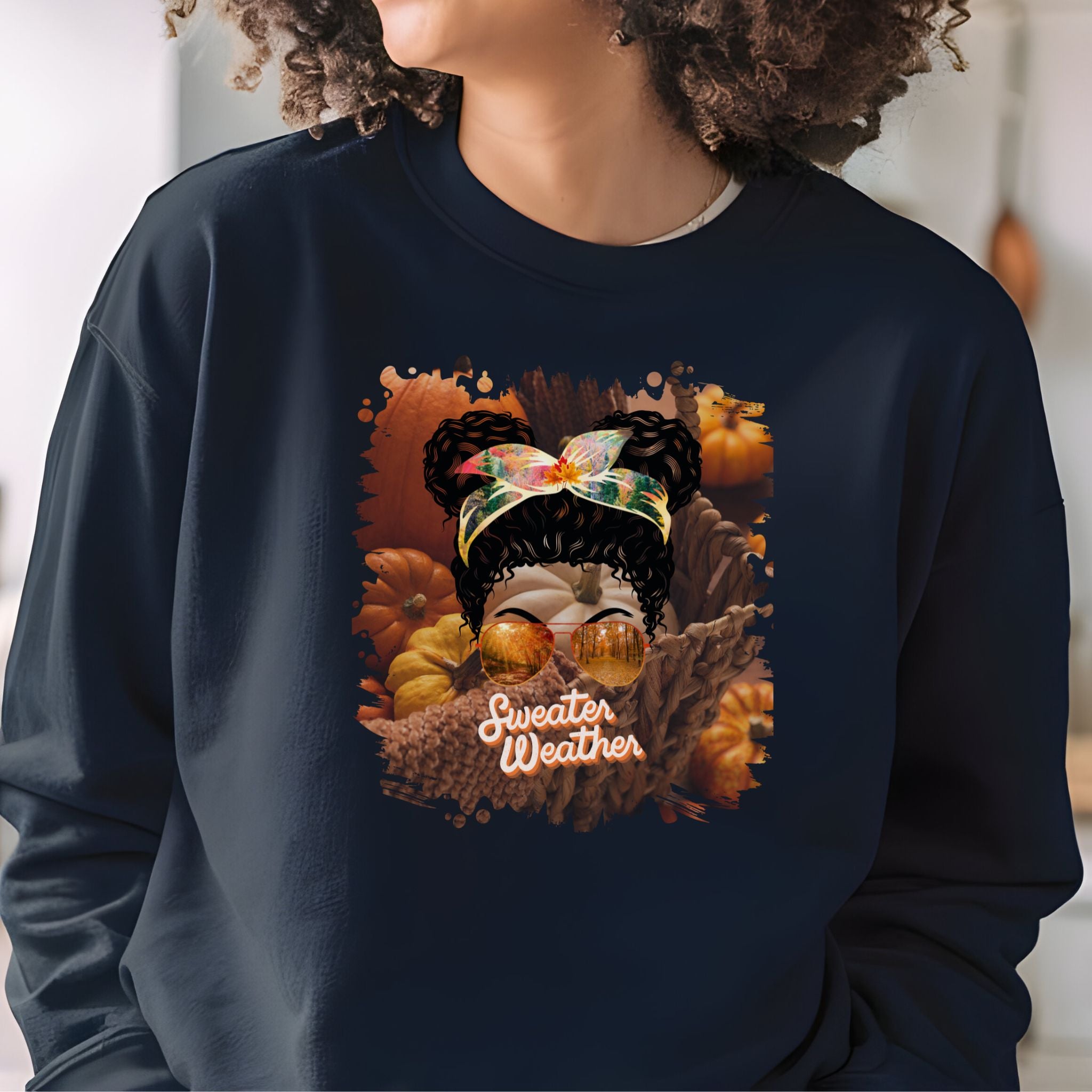 Sweater Weather Fall Pumpkins, Black Hair Messy Bun, Unisex Heavy Blend™ Crewneck Sweatshirt