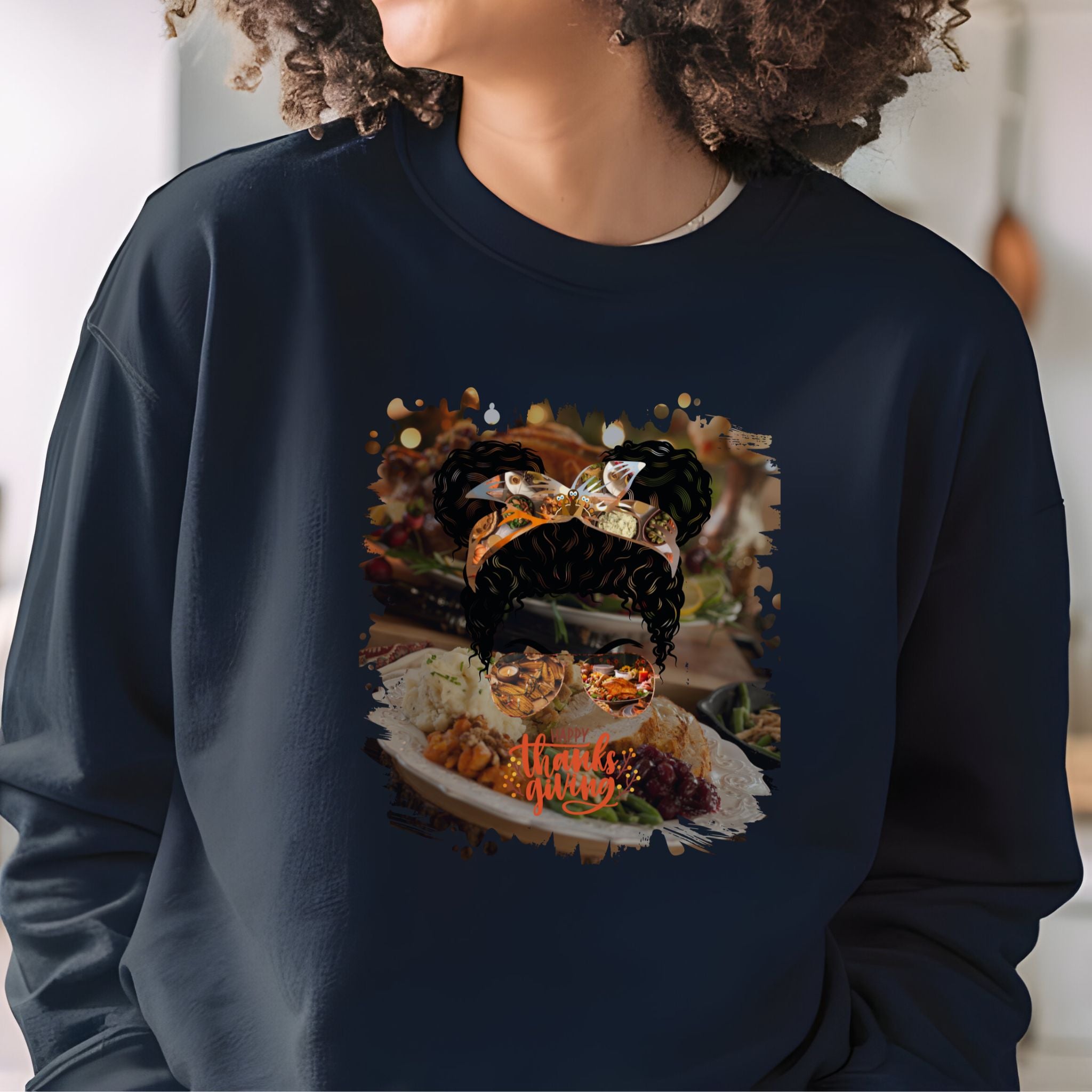 Happy Thanksgiving, Thanksgiving Dinner, Black Hair Messy Bun, Unisex Heavy Blend™ Crewneck Sweatshirt