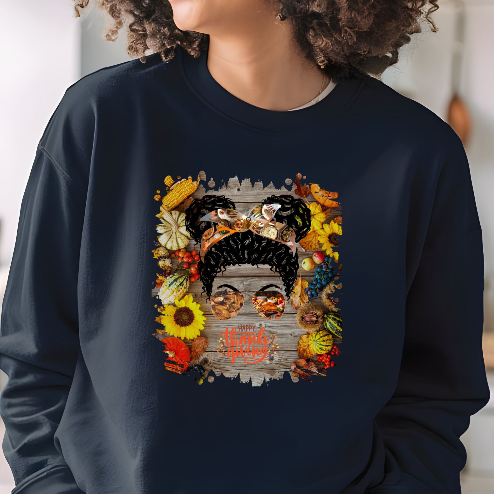 Happy Thanksgiving Decorated Background, Black Hair Messy Bun, Unisex Heavy Blend™ Crewneck Sweatshirt