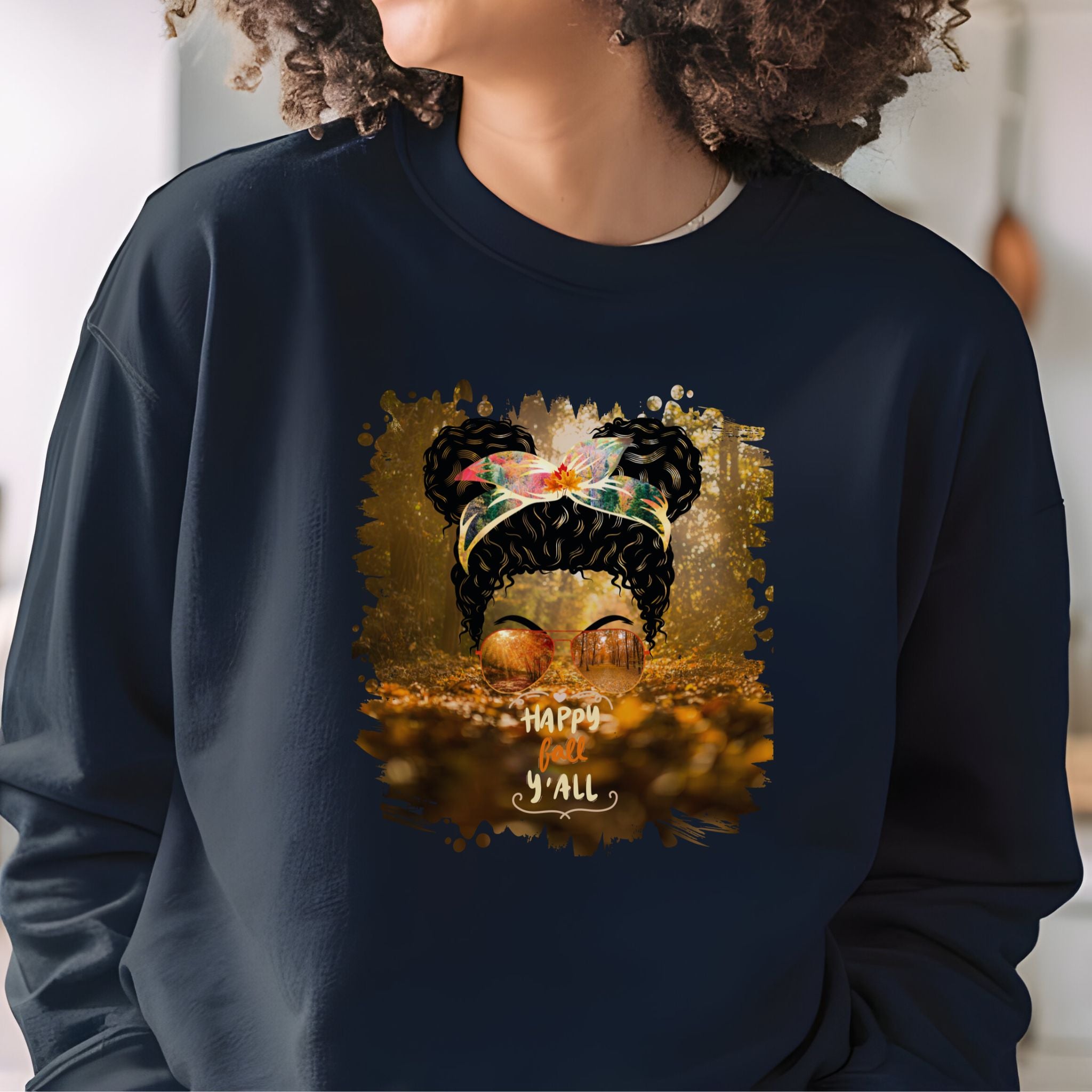 Happy Fall Y'all Fall Forest, Black Hair Messy Bun, Unisex Heavy Blend™ Crewneck Sweatshirt