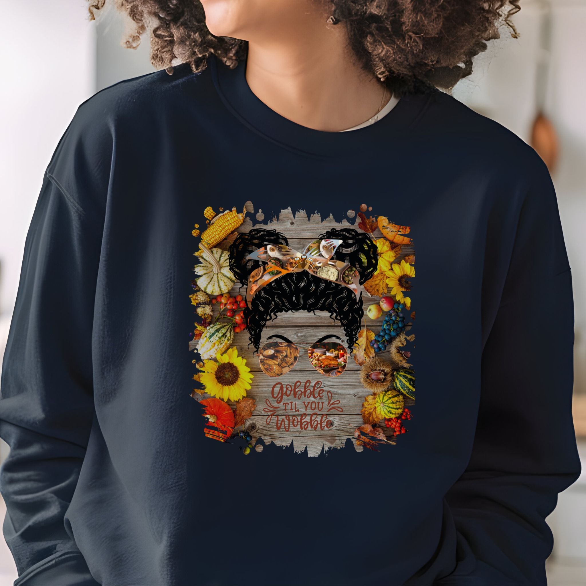 Gobble til You Wobble Decorated Background, Black Hair Messy Bun, Unisex Heavy Blend™ Crewneck Sweatshirt