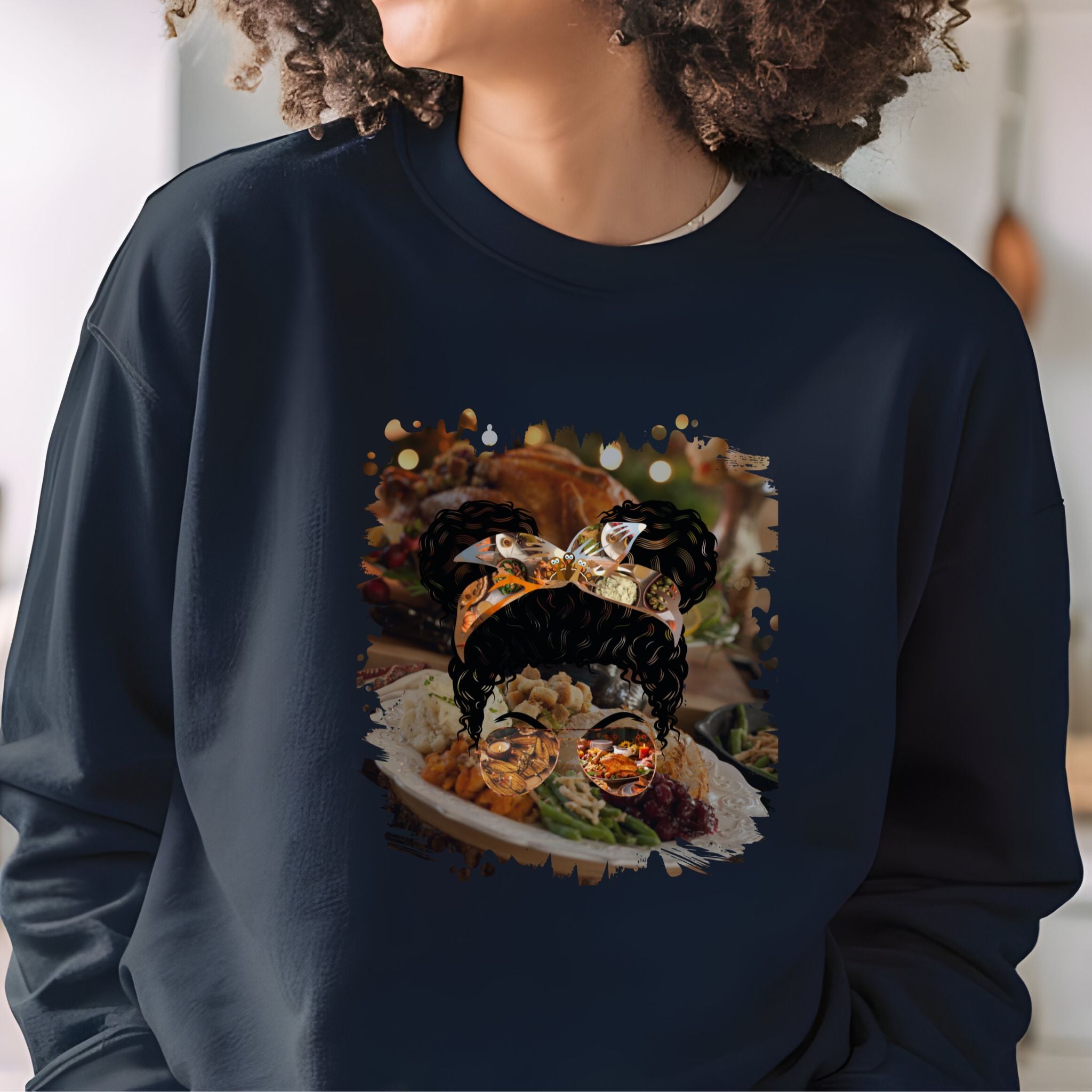 Thanksgiving Dinner, Black Hair Messy Bun, Unisex Heavy Blend™ Crewneck Sweatshirt