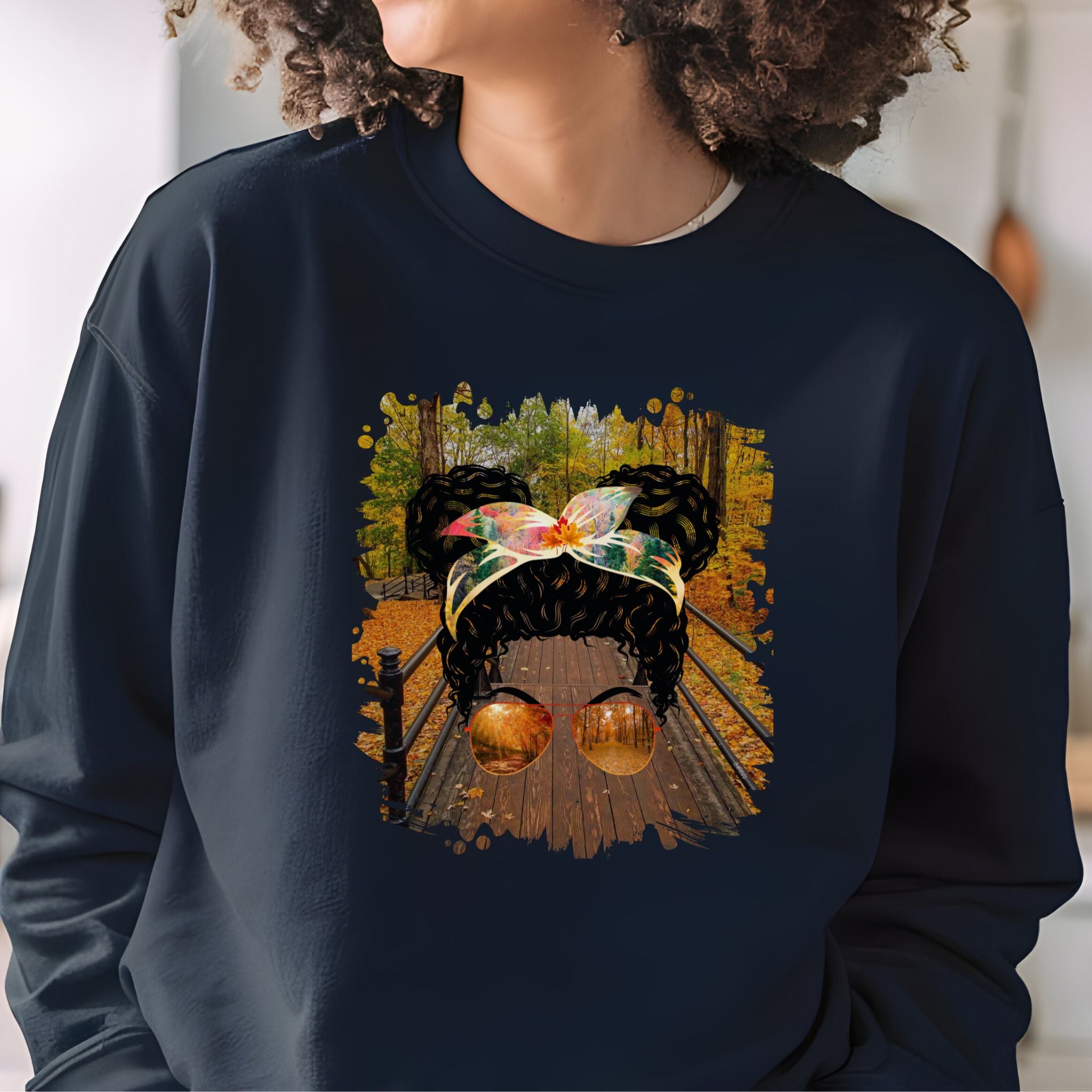 Fall Hike, Black Hair Messy Bun, Unisex Heavy Blend™ Crewneck Sweatshirt