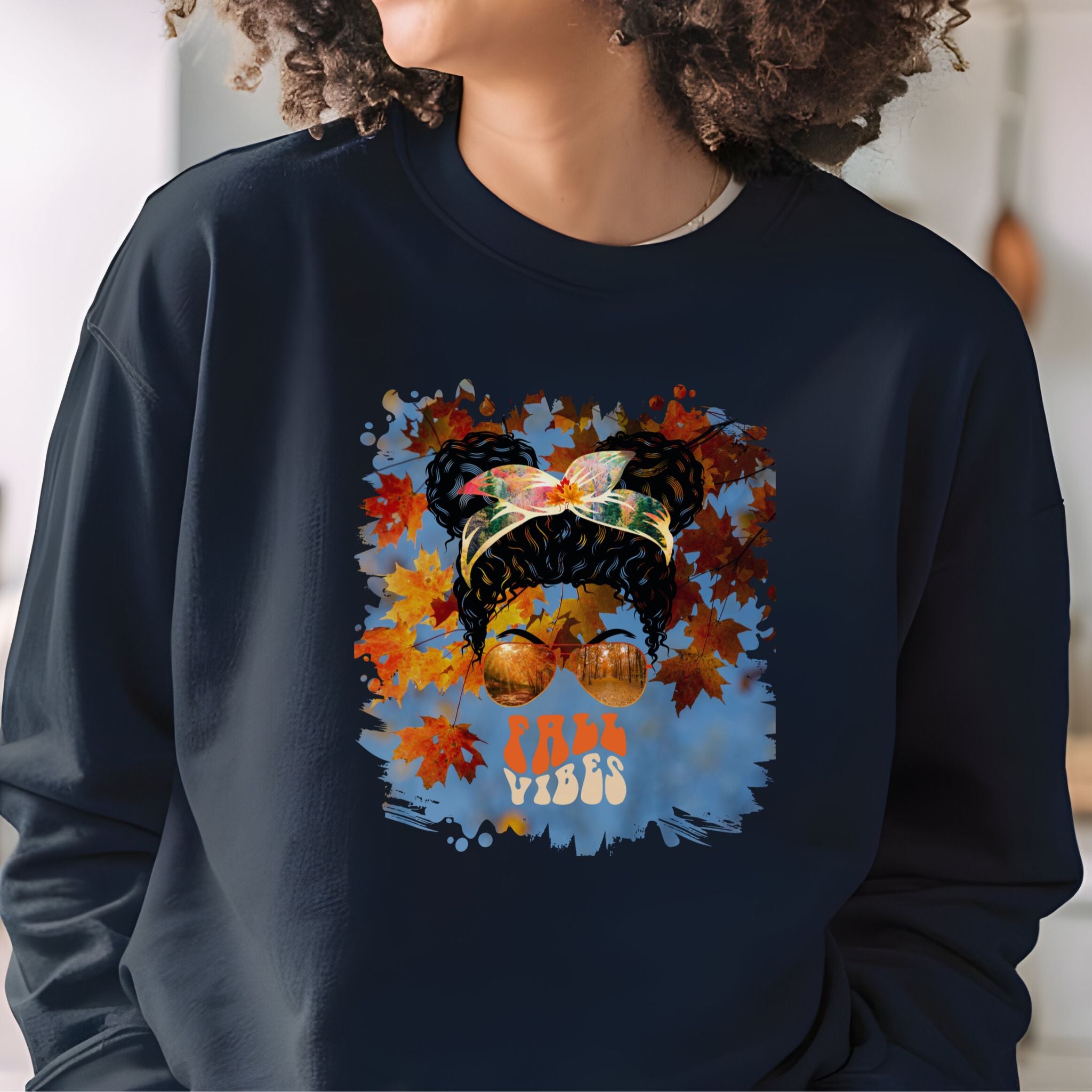 Fall Vibes Fall Sky, Black Hair Messy Bun, Unisex Heavy Blend™ Crewneck Sweatshirt