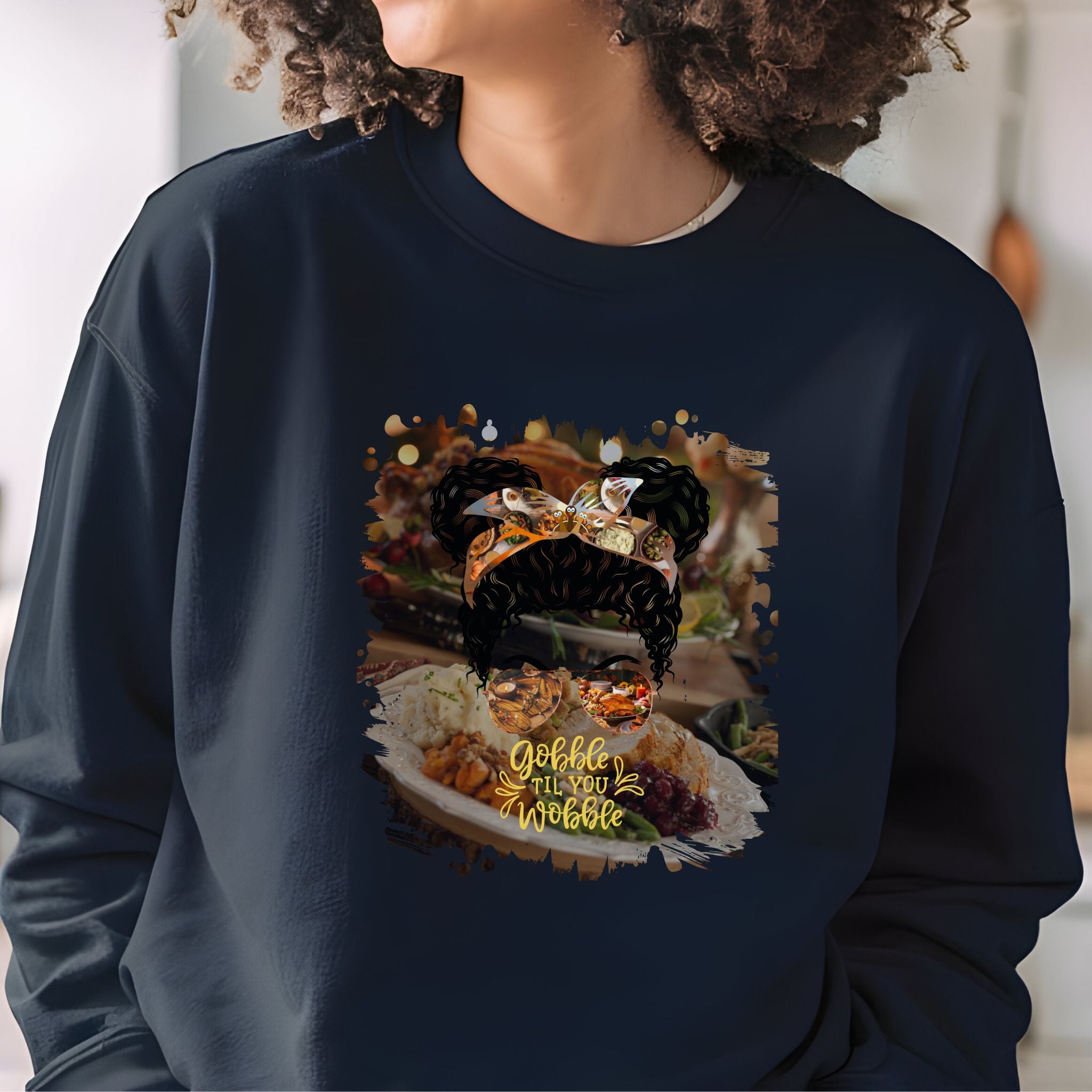 Gobble til You Wobble Thanksgiving Dinner, Black Hair Messy Bun, Unisex Heavy Blend™ Crewneck Sweatshirt