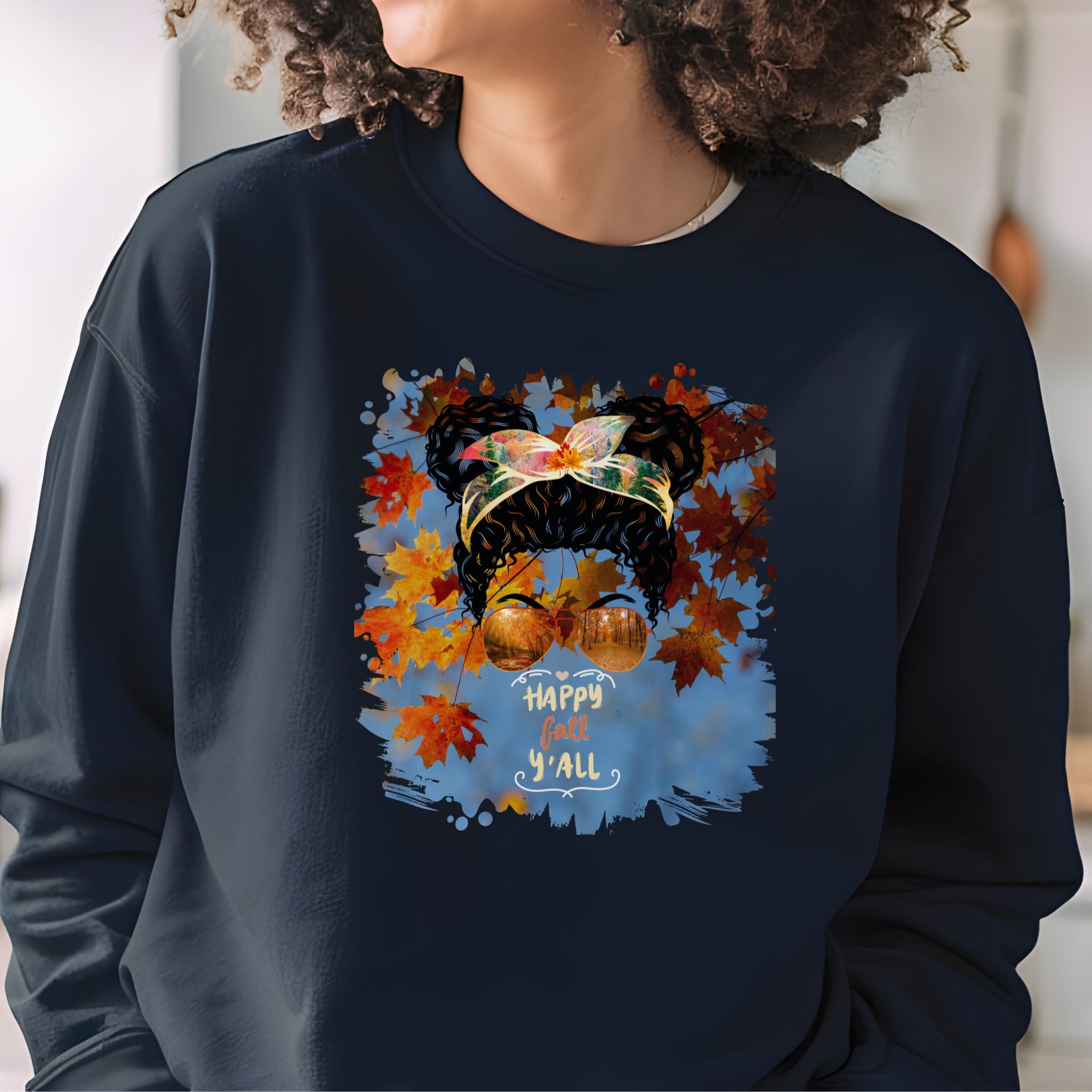 Happy Fall Y'all Fall Sky, Black Hair Messy Bun, Unisex Heavy Blend™ Crewneck Sweatshirt