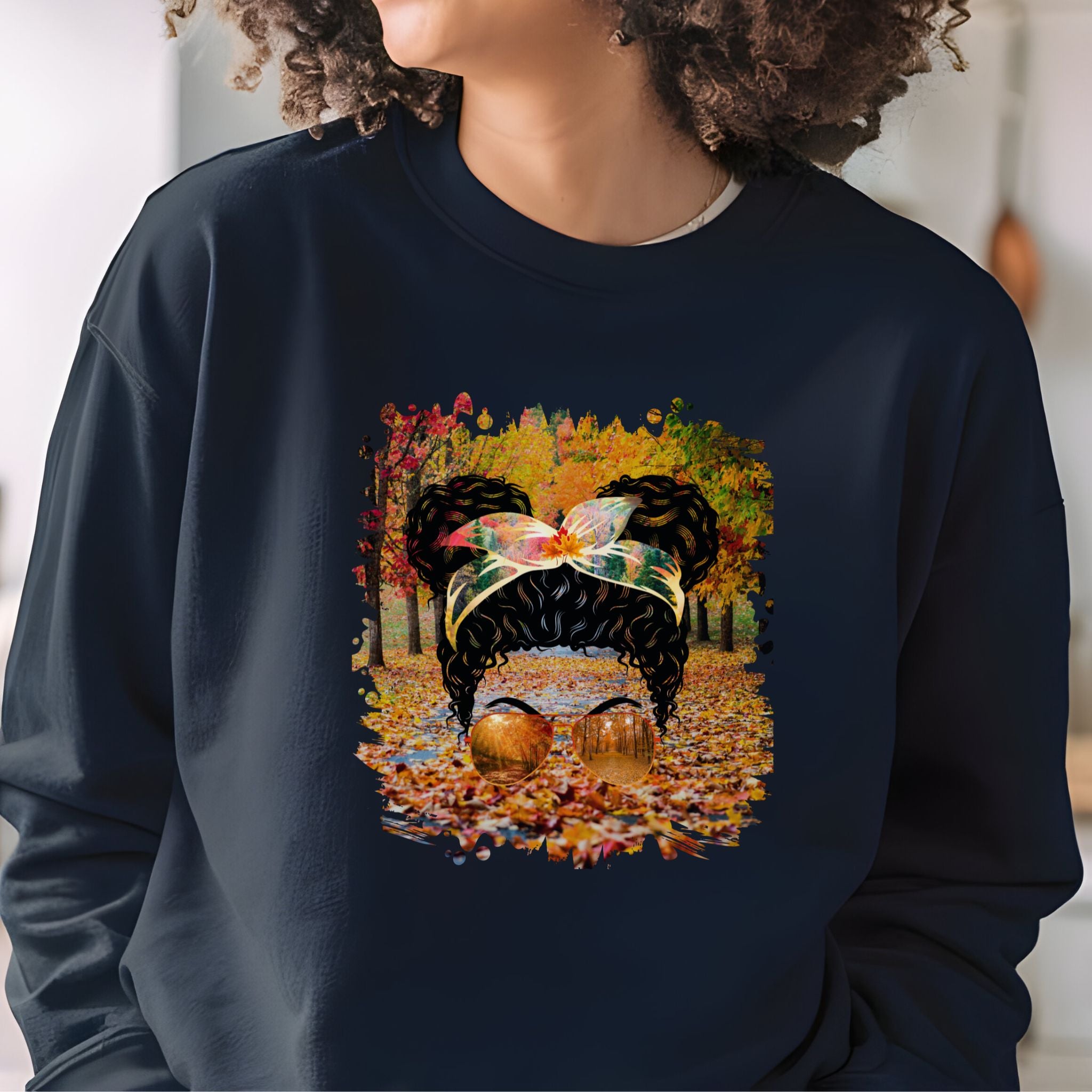 Fall Trail, Black Hair Messy Bun, Unisex Heavy Blend™ Crewneck Sweatshirt