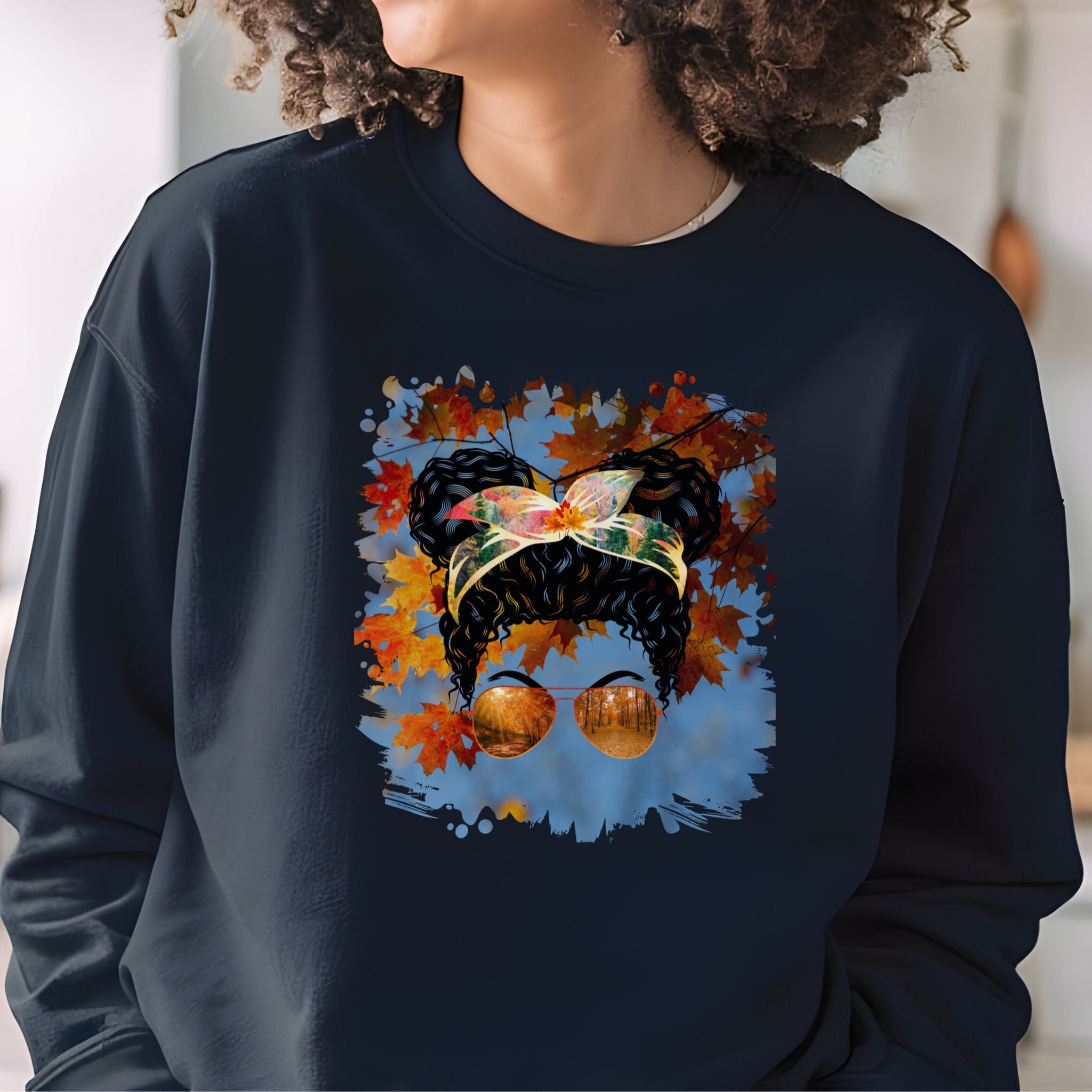 Fall Sky, Black Hair Messy Bun, Unisex Heavy Blend™ Crewneck Sweatshirt