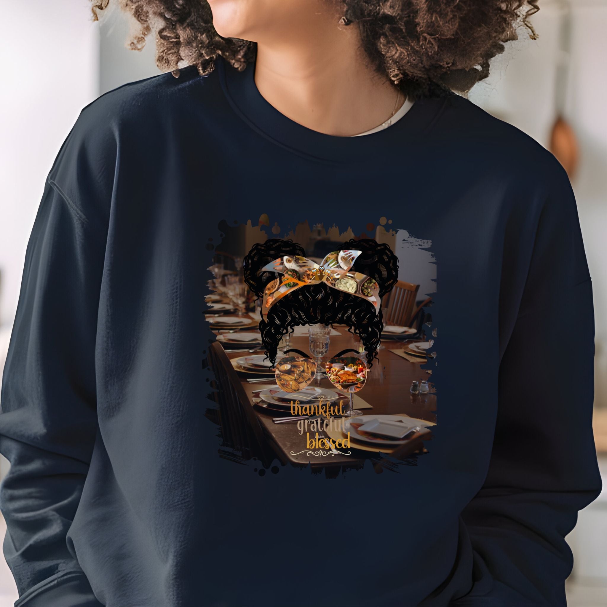 Thankful Grateful Blessed Table Setting, Black Hair Messy Bun, Unisex Heavy Blend™ Crewneck Sweatshirt