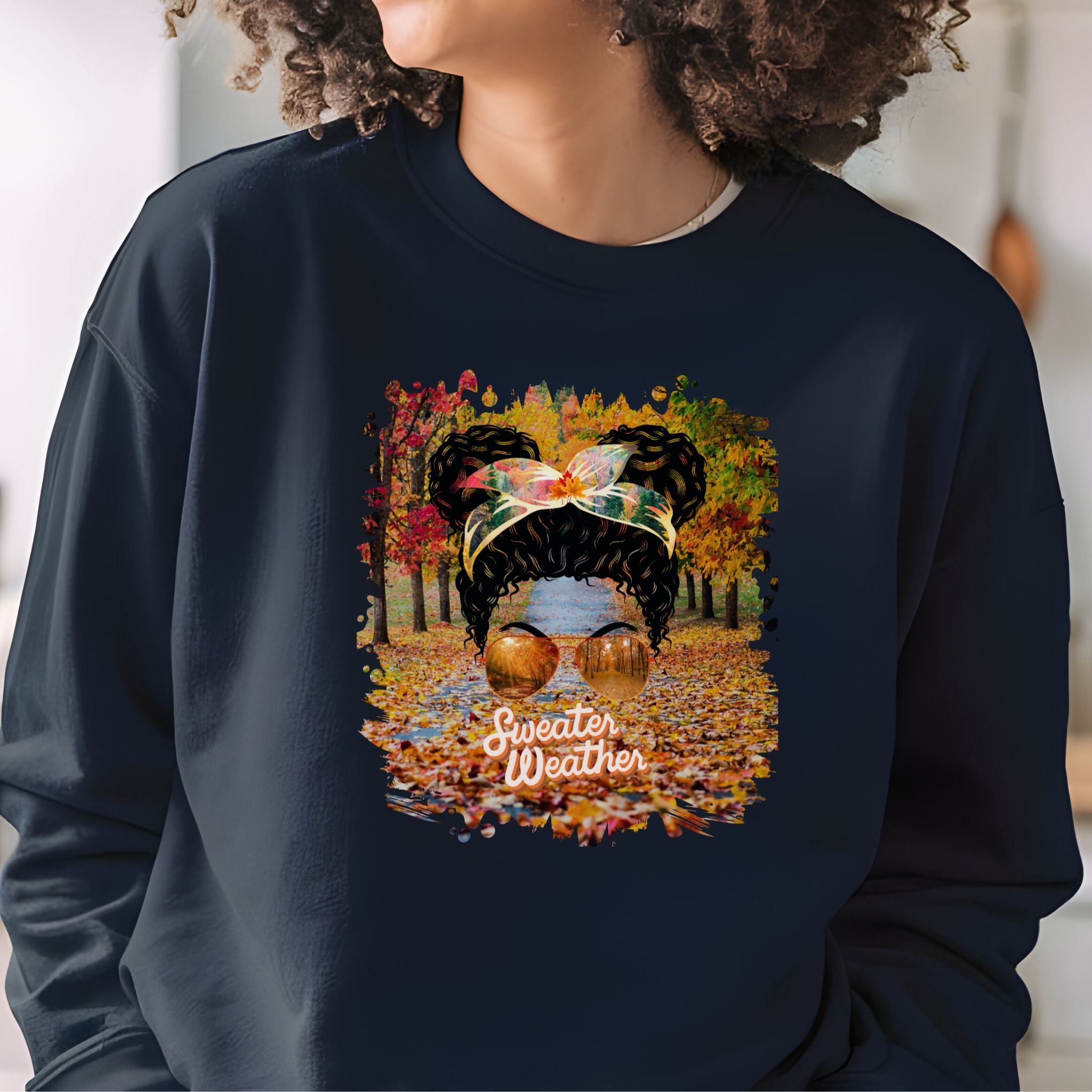 Sweater Weather Fall Trail, Black Hair Messy Bun, Unisex Heavy Blend™ Crewneck Sweatshirt