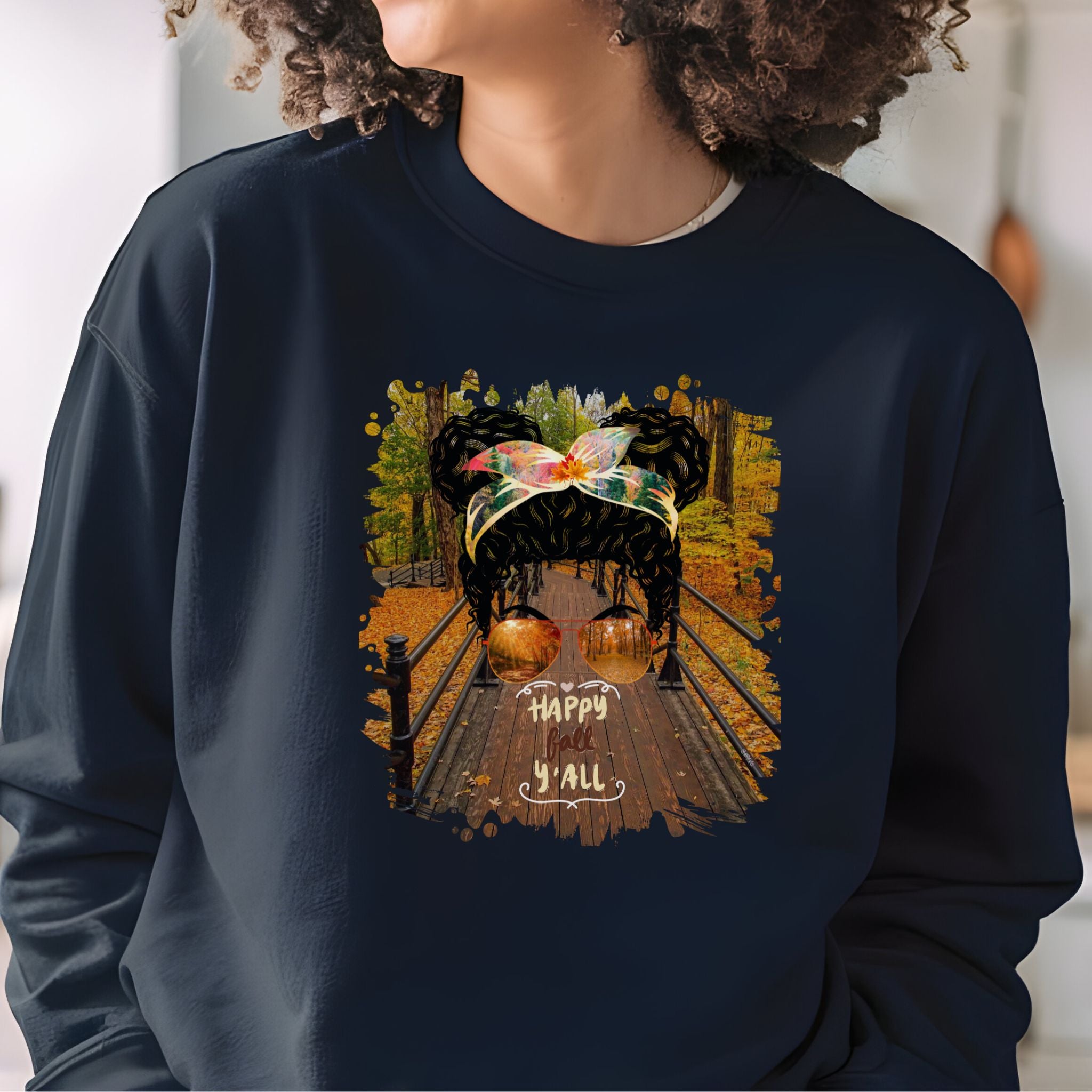 Happy Fall Y'all Fall Hike, Black Hair Messy Bun, Unisex Heavy Blend™ Crewneck Sweatshirt