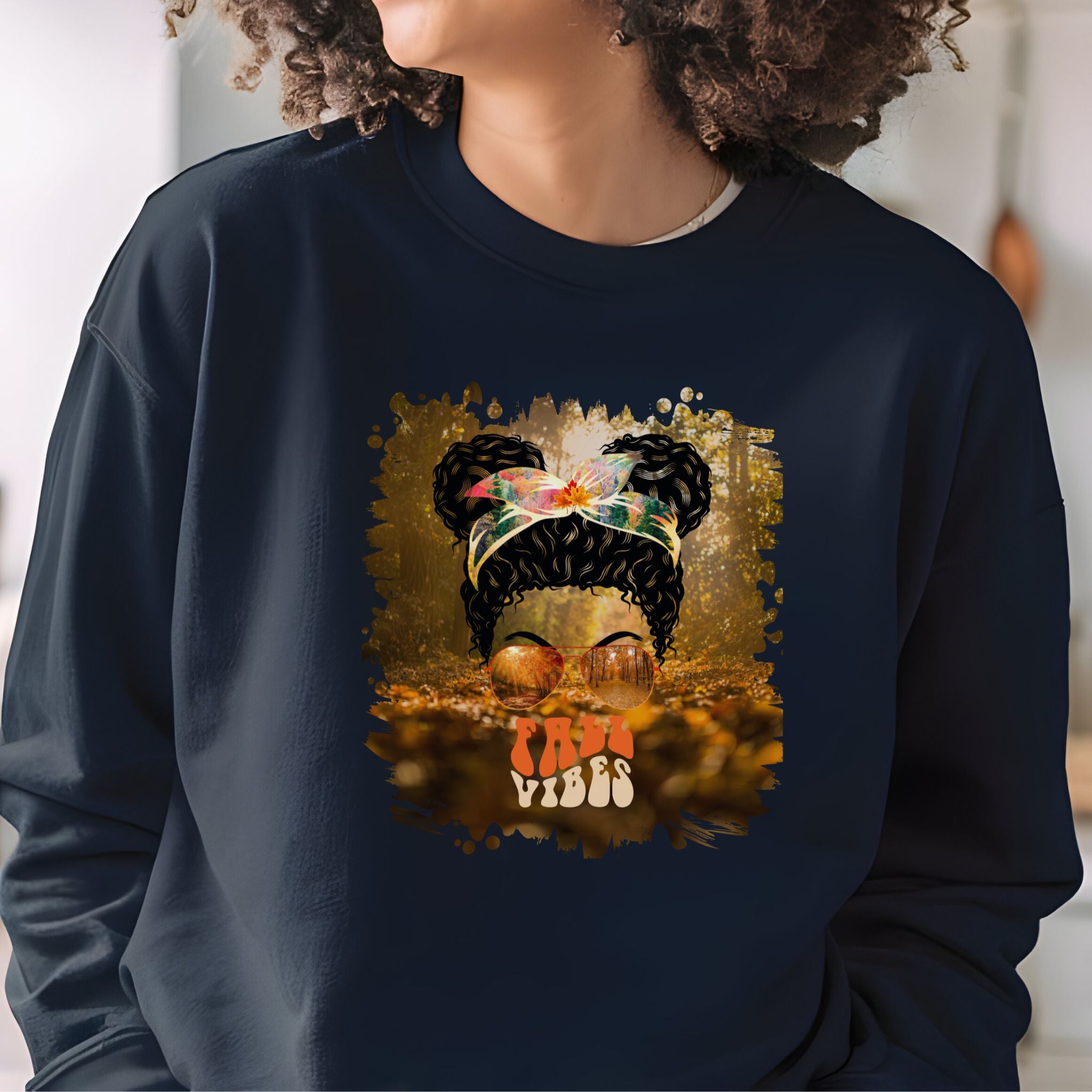 Fall Vibes Fall Forest, Black Hair Messy Bun, Unisex Heavy Blend™ Crewneck Sweatshirt