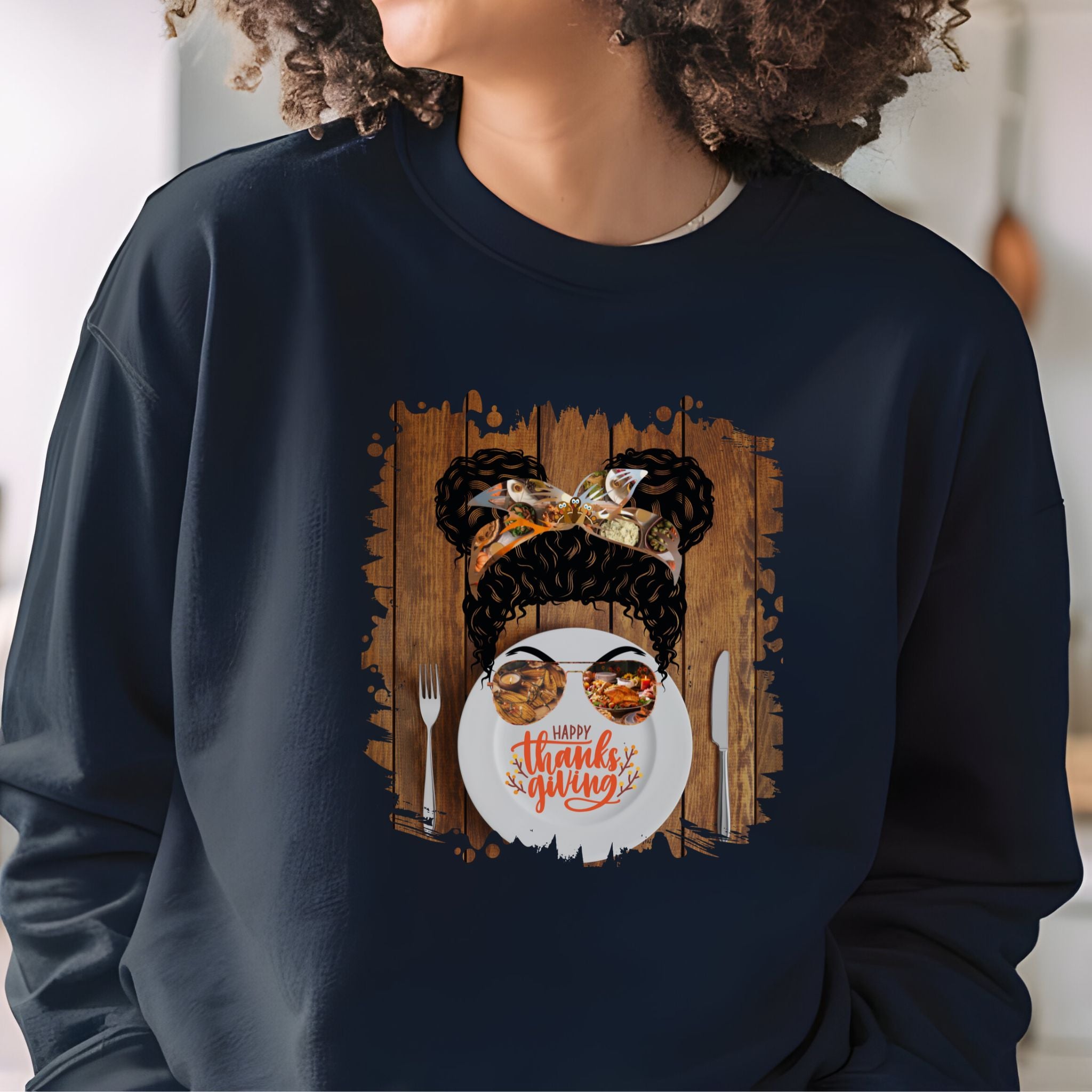 Happy Thanksgiving Plate Setting, Black Hair Messy Bun, Unisex Heavy Blend™ Crewneck Sweatshirt