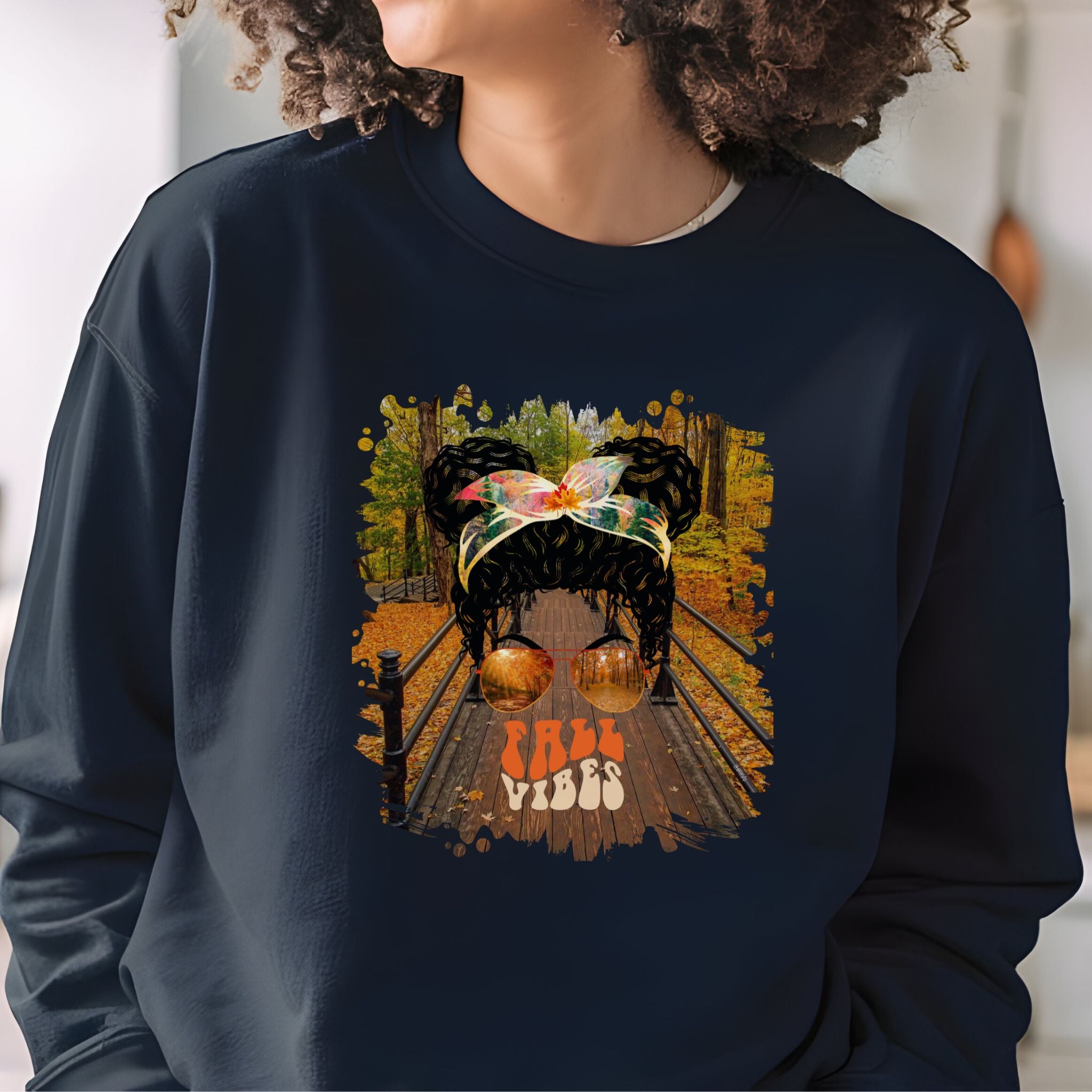 Fall Vibes Fall Hike, Black Hair Messy Bun, Unisex Heavy Blend™ Crewneck Sweatshirt