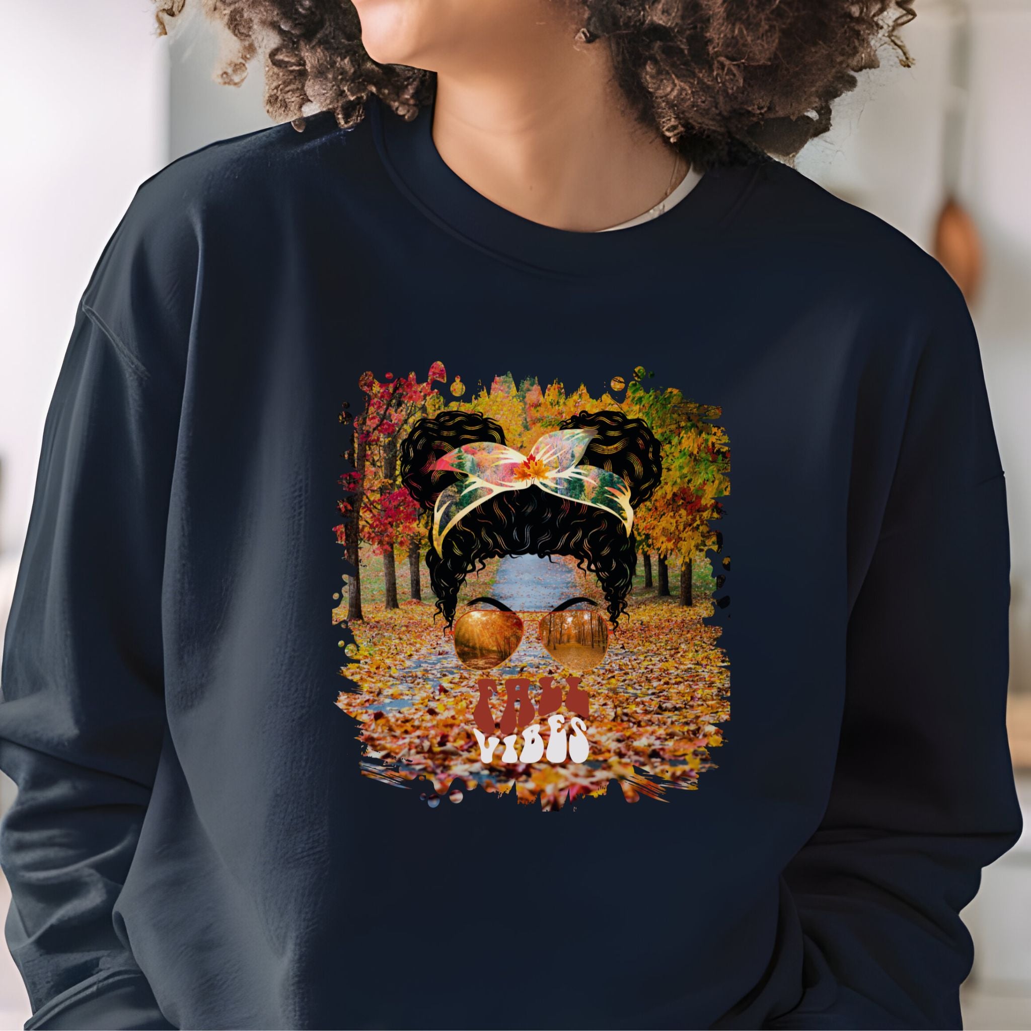 Fall Vibes Fall Trail, Black Hair Messy Bun, Unisex Heavy Blend™ Crewneck Sweatshirt