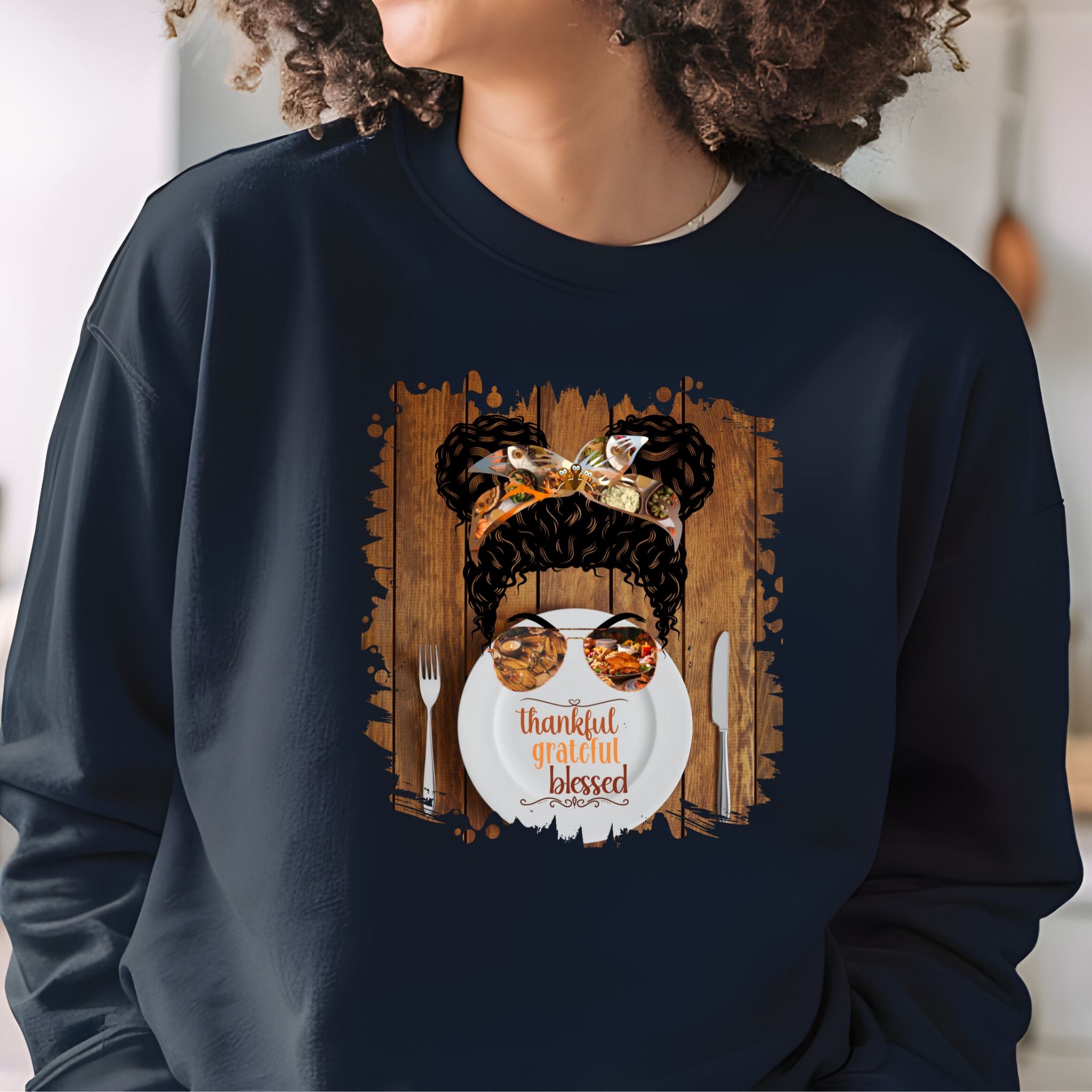 Thankful Grateful Blessed Plate Setting, Black Hair Messy Bun, Unisex Heavy Blend™ Crewneck Sweatshirt