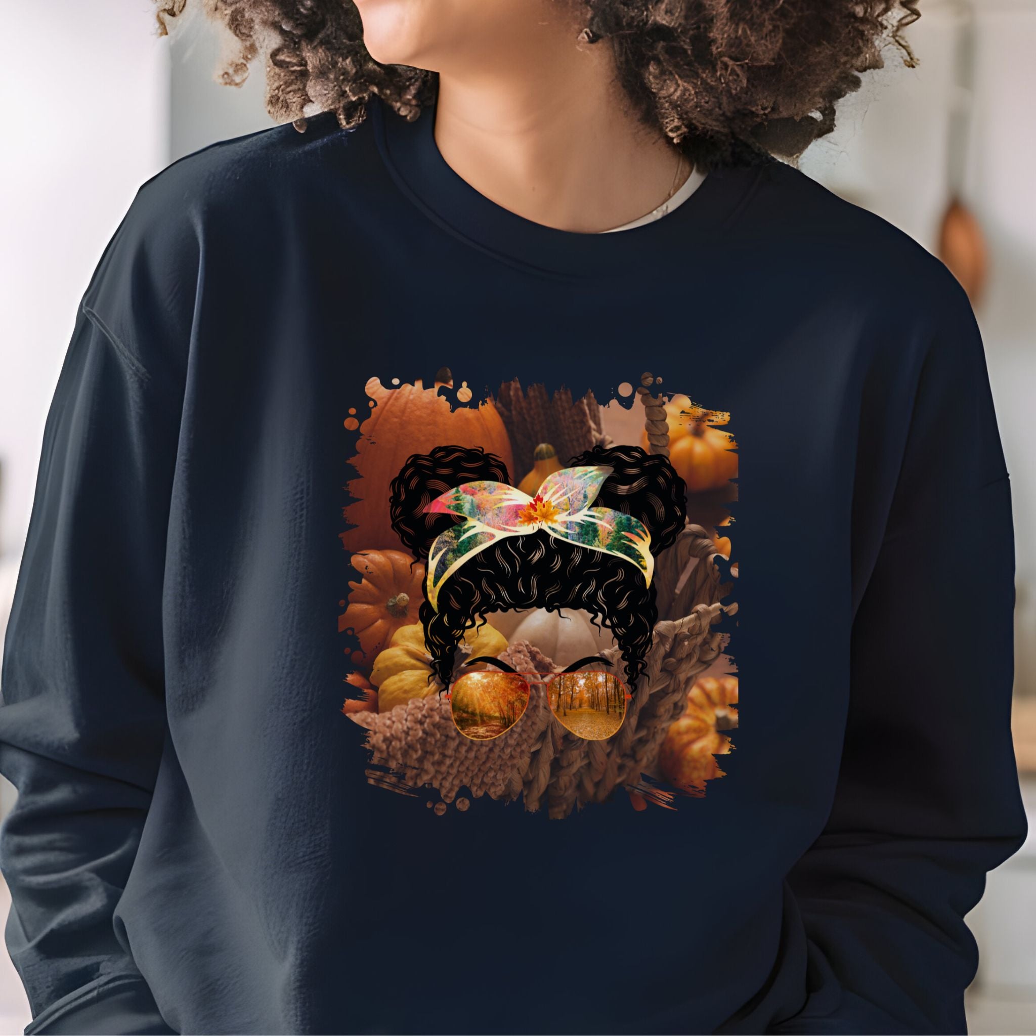 Fall Pumpkins, Black Hair Messy Bun, Unisex Heavy Blend™ Crewneck Sweatshirt