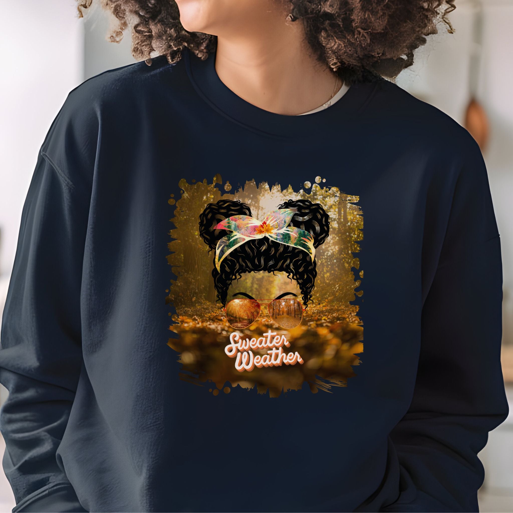 Sweater Weather Fall Forest, Black Hair Messy Bun, Unisex Heavy Blend™ Crewneck Sweatshirt