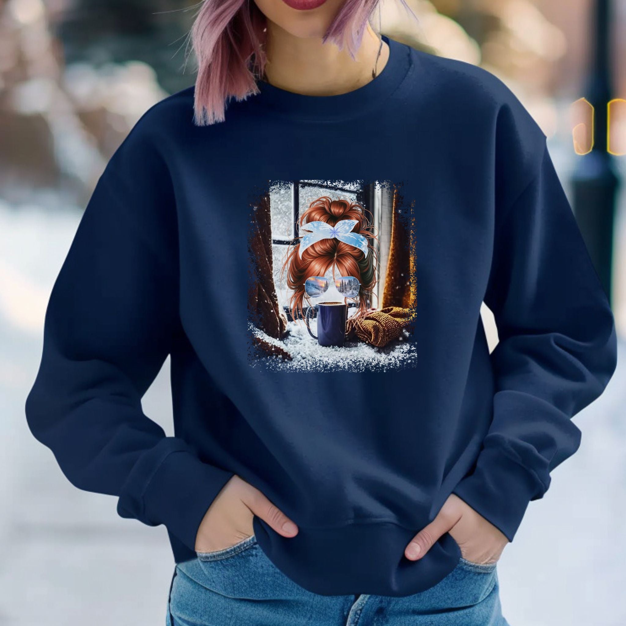 Winter Sweater, Red Hair Messy Bun, Unisex Heavy Blend™ Crewneck Sweatshirt