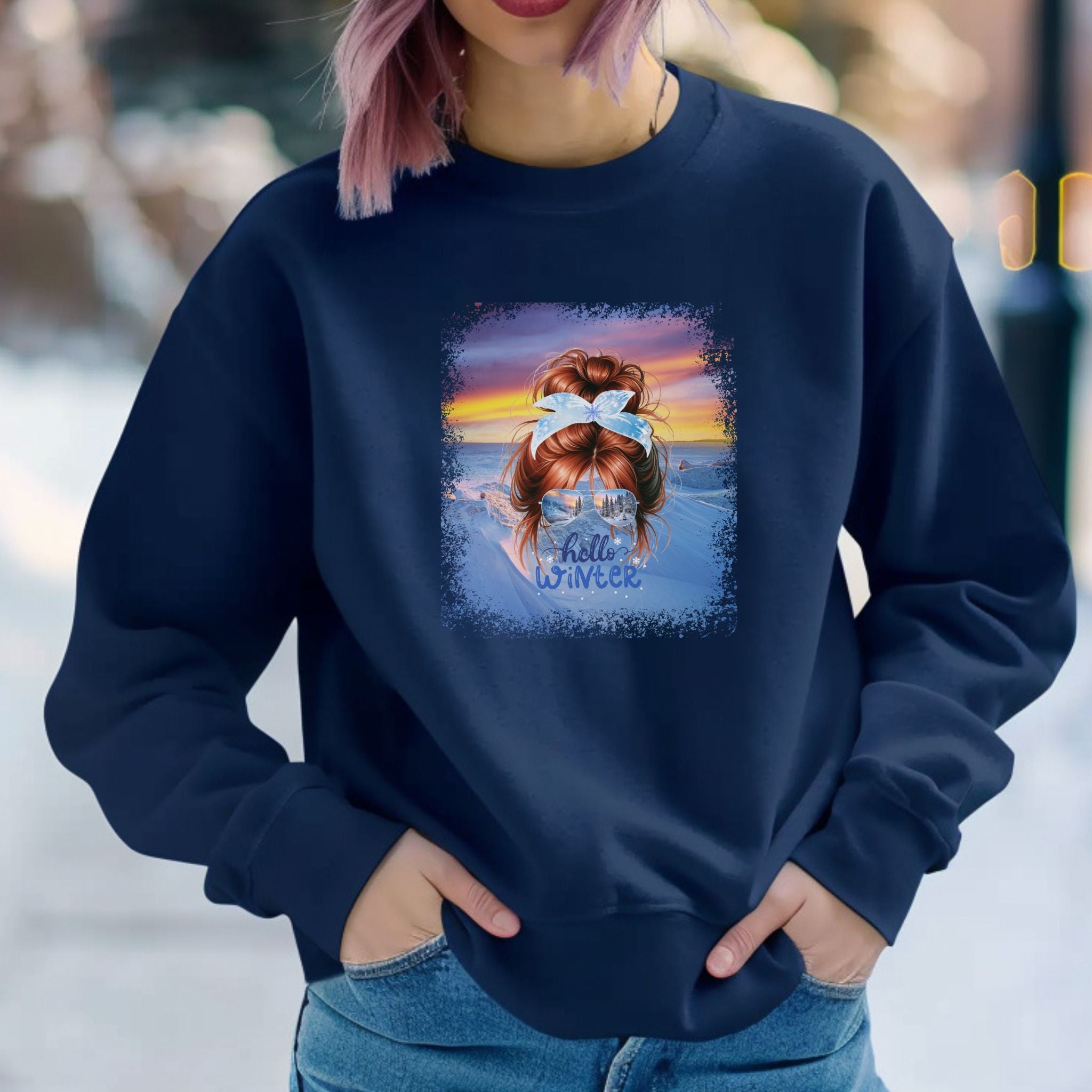 Hello Winter, Winter Mountain, Red Hair Messy Bun, Unisex Heavy Blend™ Crewneck Sweatshirt