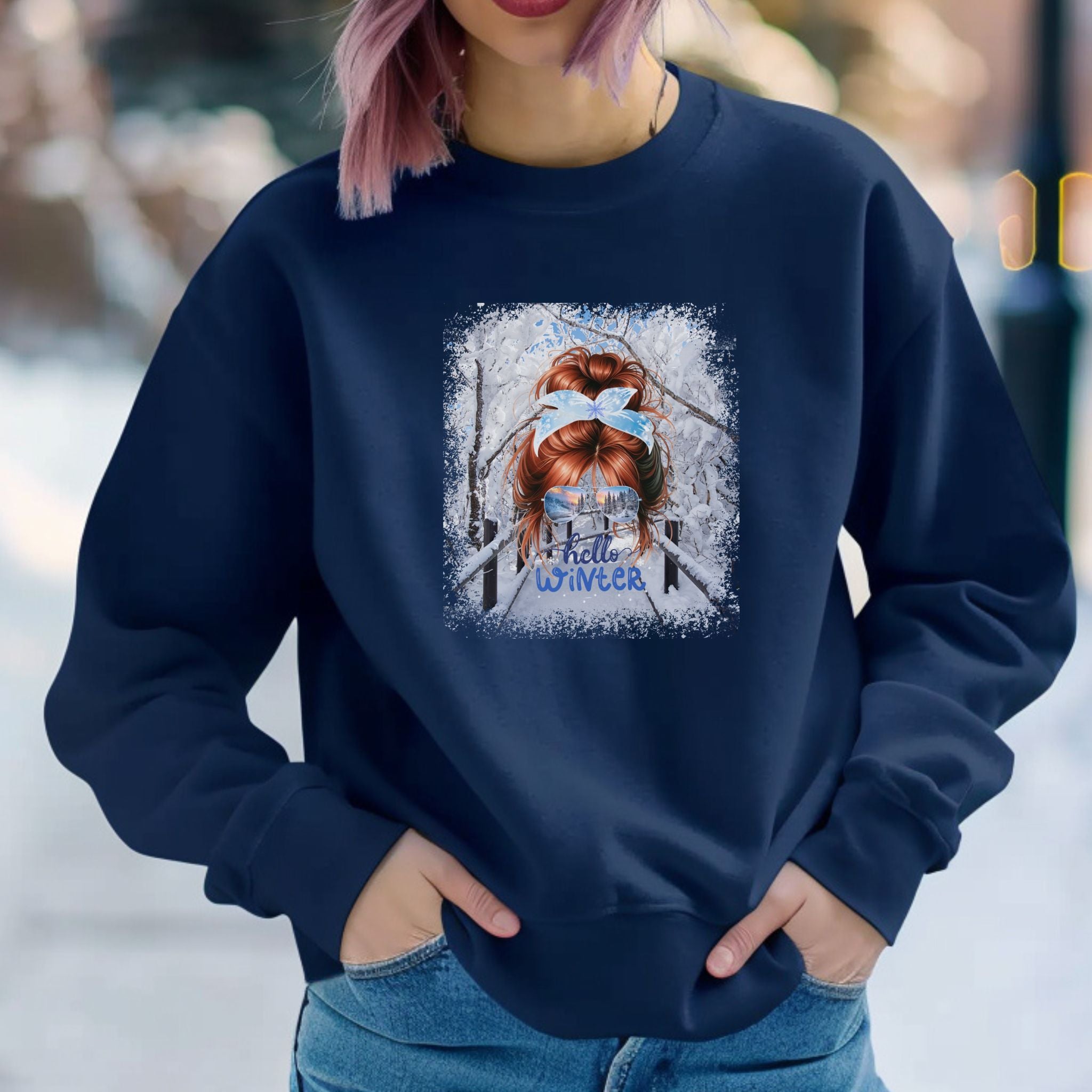 Hello Winter, Winter Hike, Red Hair Messy Bun, Unisex Heavy Blend™ Crewneck Sweatshirt