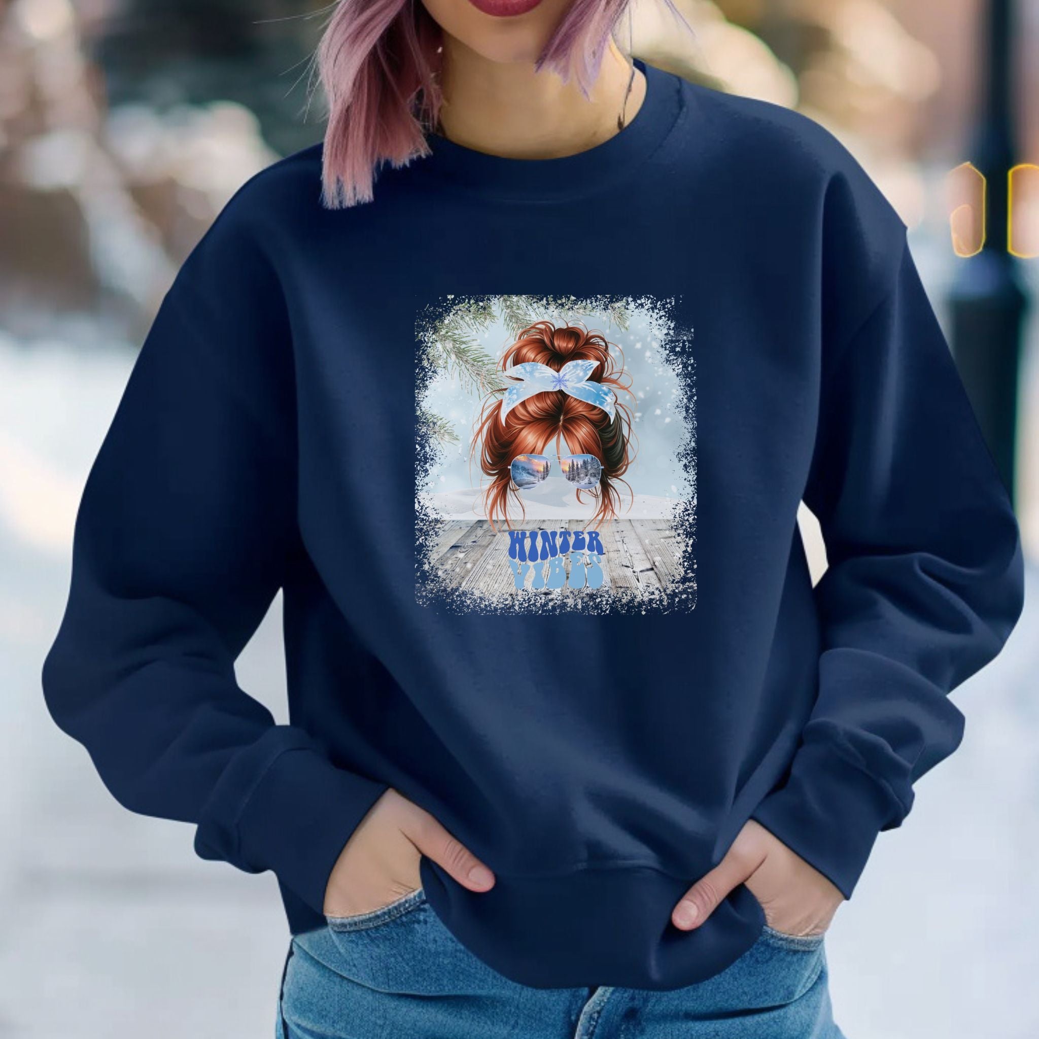 Winter Vibes Snowy Porch, Red Hair Messy Bun, Unisex Heavy Blend™ Crewneck Sweatshirt