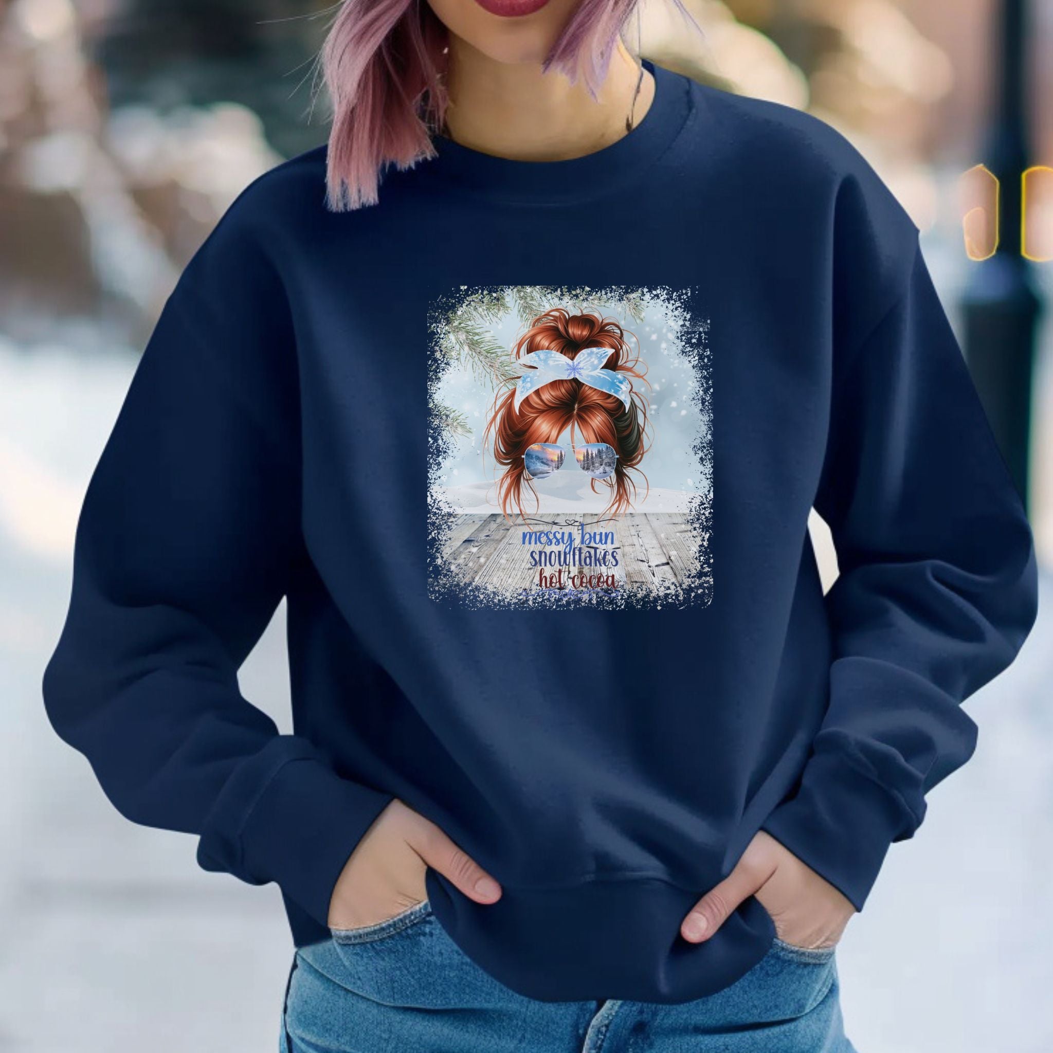 Messy Bun Snowy Porch, Red Hair Messy Bun, Unisex Heavy Blend™ Crewneck Sweatshirt