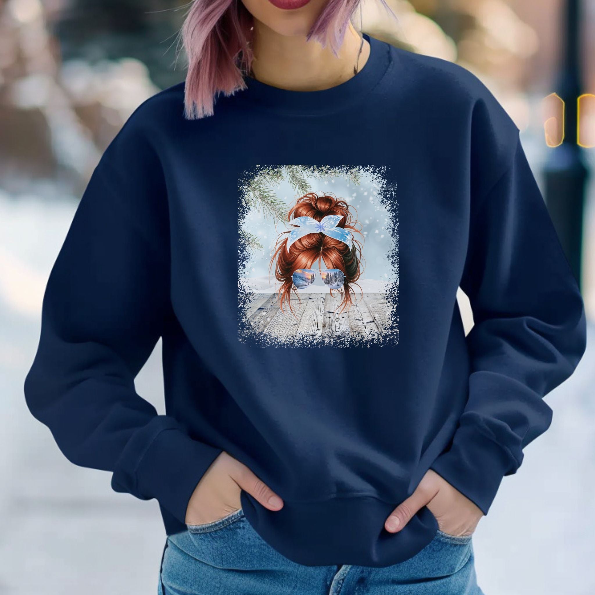 Snowy Porch, Red Hair Messy Bun, Unisex Heavy Blend™ Crewneck Sweatshirt