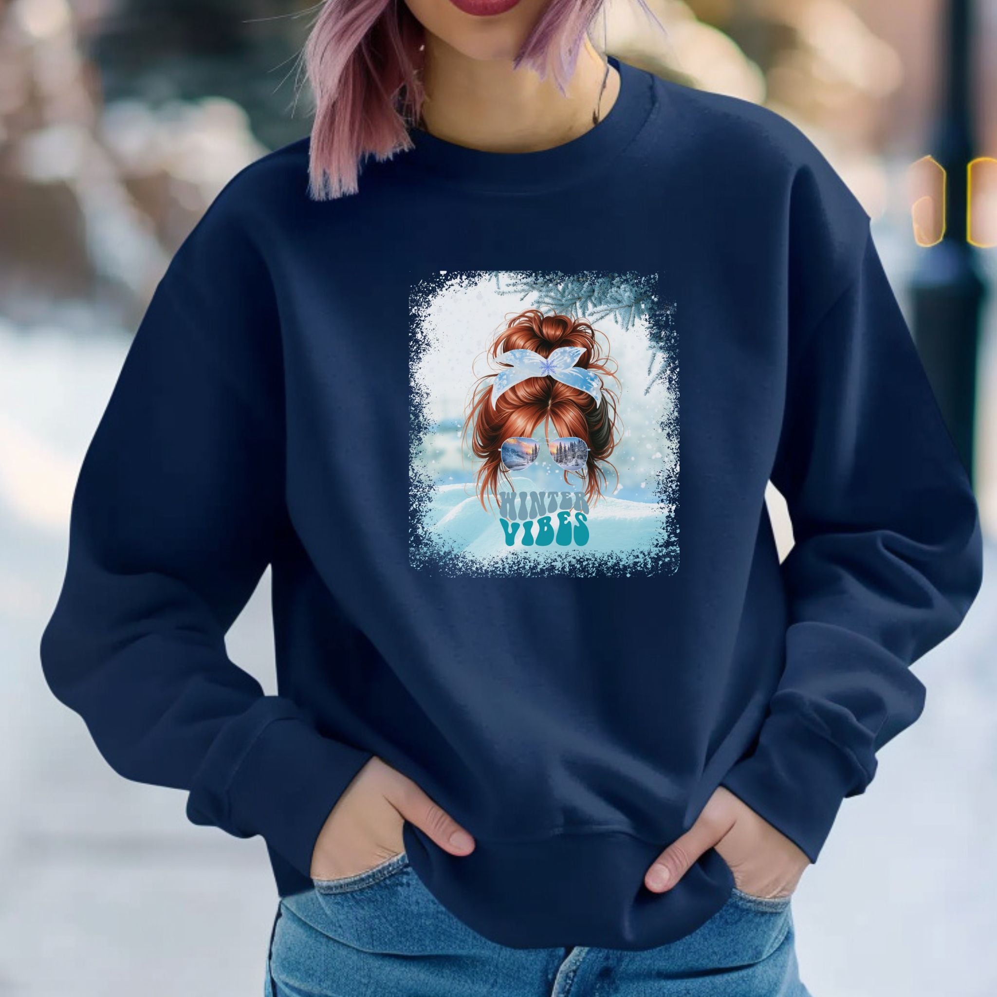 Winter Vibes Snow, Red Hair Messy Bun, Unisex Heavy Blend™ Crewneck Sweatshirt