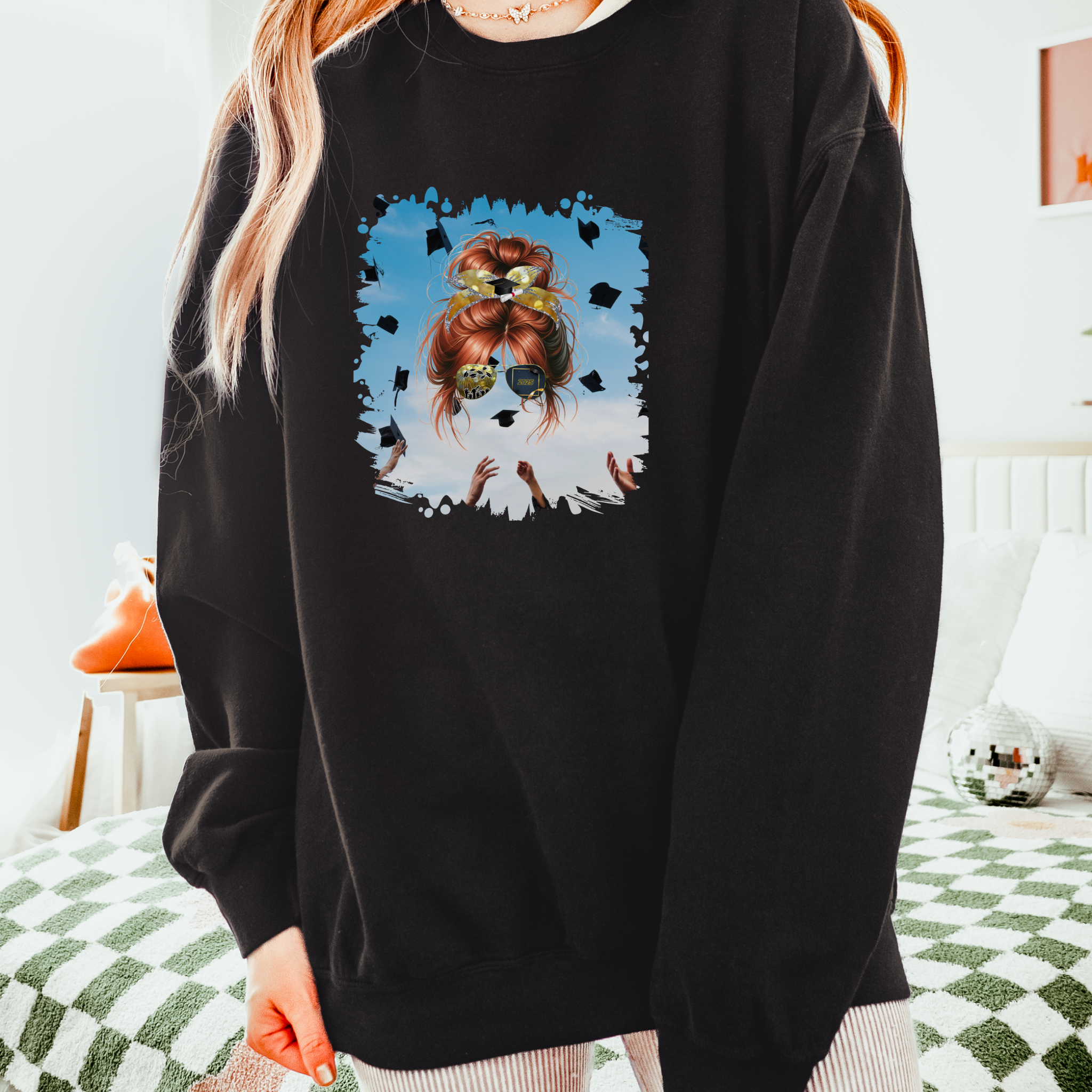 Celebration, Red Hair Messy Bun, Unisex Lightweight Crewneck Sweatshirt